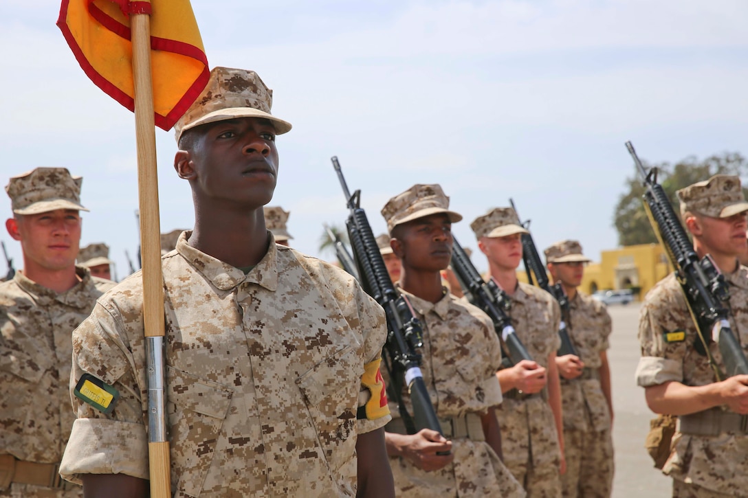 Recruit Trajon L. Griffis, guide, Platoon 2161, Hotel Company, 2nd Recruit Training Battalion, awaits the command from his drill instructor during platoon drill aboard Marine Corps Recruit Depot San Diego June 2. Griffis is currently the platoon’s guide and intends on keeping that role so he can motivate his fellow recruits.