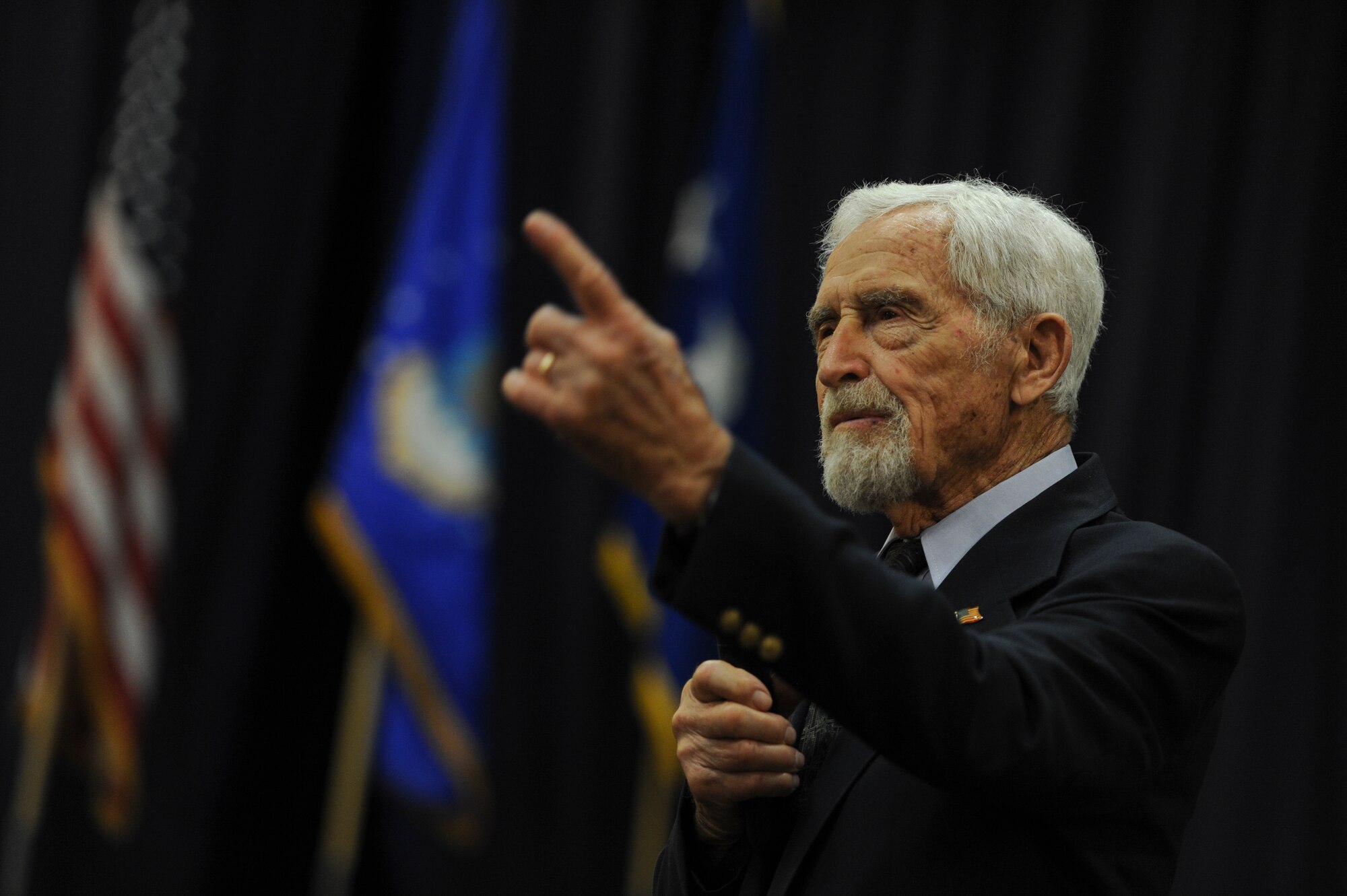 Retired Lt. Gen. LeRoy Manor speaks to a crowd during a presentation on Hurlburt Field, Fla., June 6, 2014. Team Hurlburt held an event in memory of the 70th anniversary of D-Day. (U.S. Air Force photo/Senior Airman Christopher Callaway) 