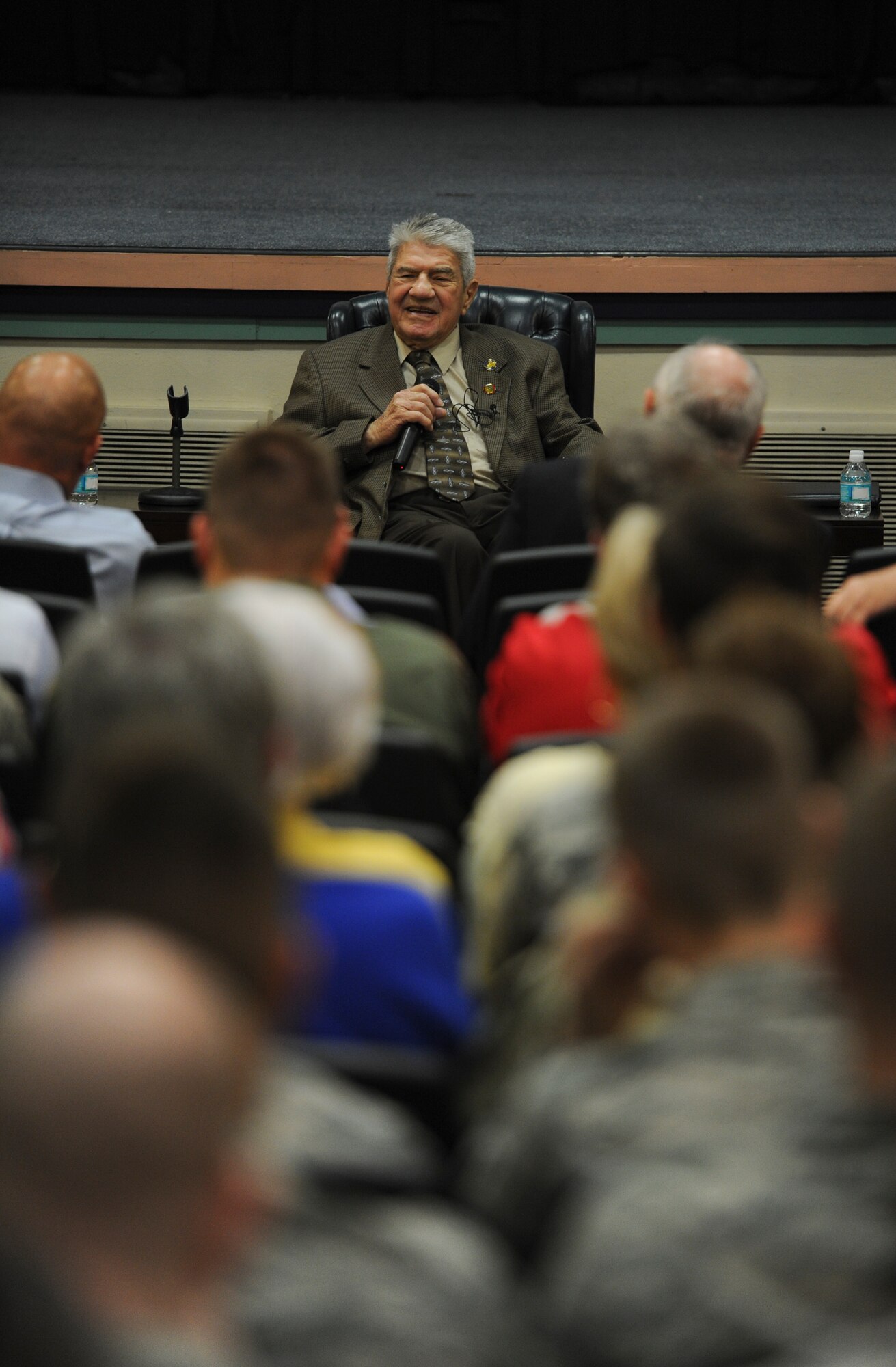 Retired Senior Master Sgt. Gaylord Hall speaks with a crowd during a ceremony on Hurlburt Field, Fla., June 6, 2014. Hall was an aircraft mechanic and part of the Flying Tigers during World War II. (U.S. Air Force photo/Senior Airman Christopher Callaway) 