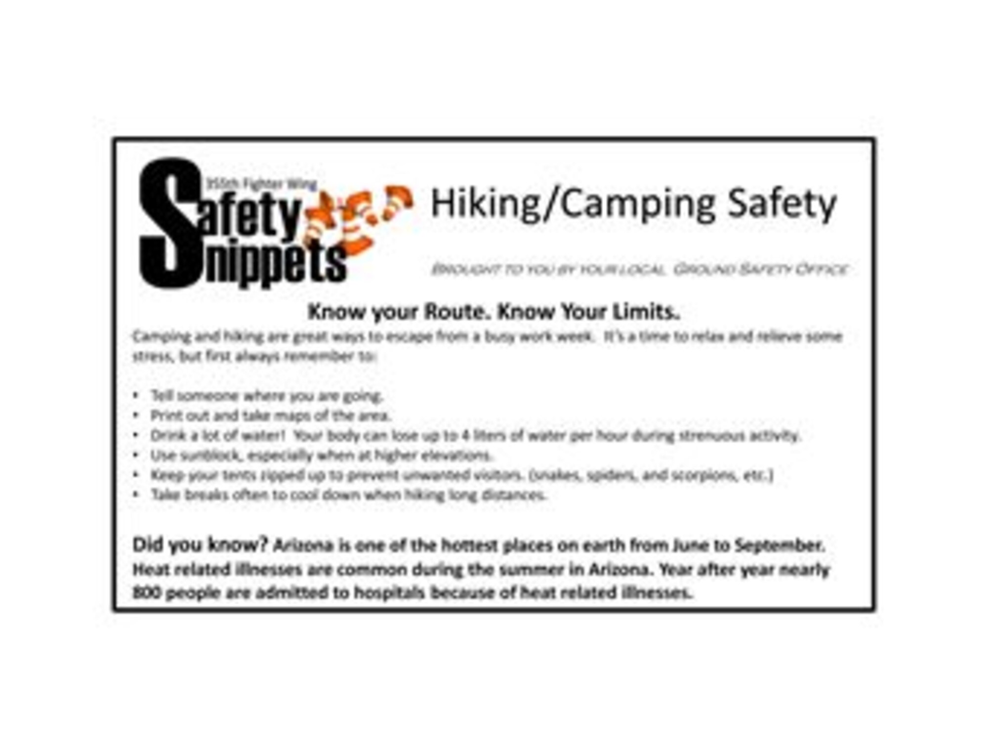 355th Fighter Wing Ground Safety Office Safety Snippet: Hiking/Camping Safety(Courtesy Graphic)