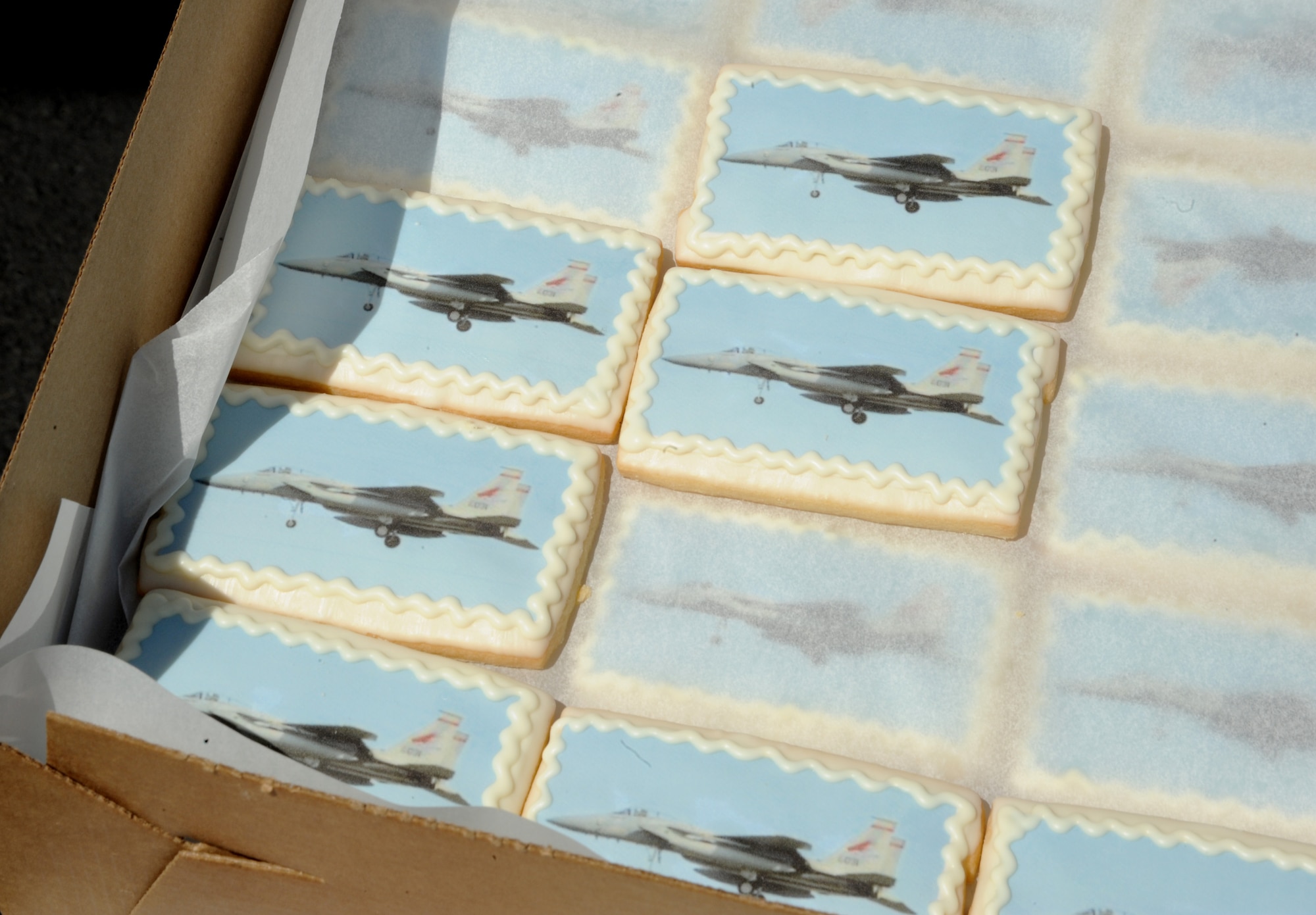 To celebrate the new Service Station opening at the Portland Air National Guard Base, cookies with at 142nd Fighter Wing F-15 Eagle were prepared following the official opening, June 5, 2014. (Air National Guard photo by Tech. Sgt. John Hughel, 142nd Fighter Wing Public Affairs/Released)