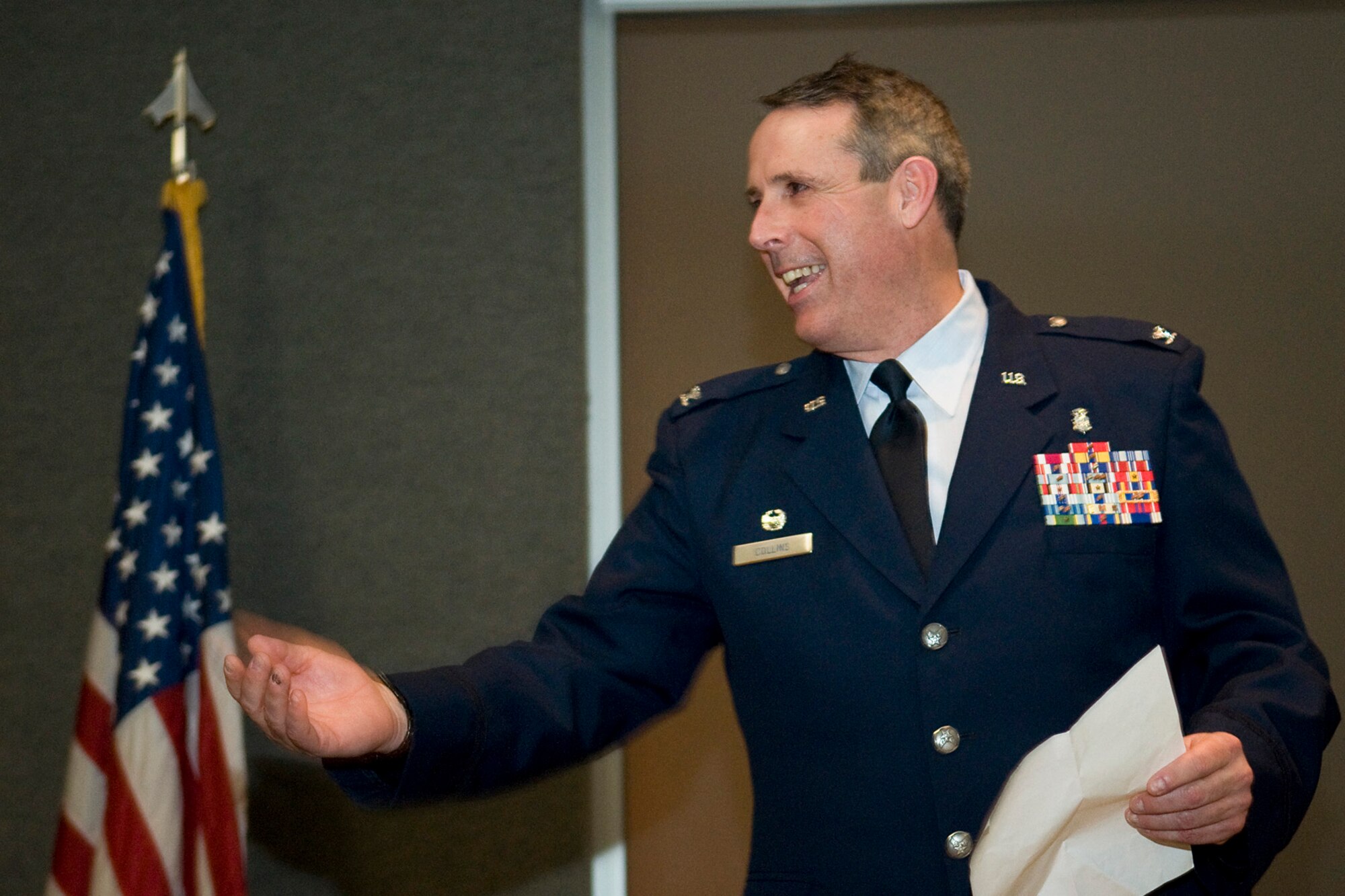 Col. Thomas Collins, 434th Aerospace Medicine Squadron commander, thanks the Airmen he has commanded at Grissom Air Reserve Base, Ind., April 13, 2014. Collins retired after serving nearly 38 years in both the regular Air Force and Air Force Reserve. (U.S. Air Force photo/Tech. Sgt. Mark R. W. Orders-Woempner) 
