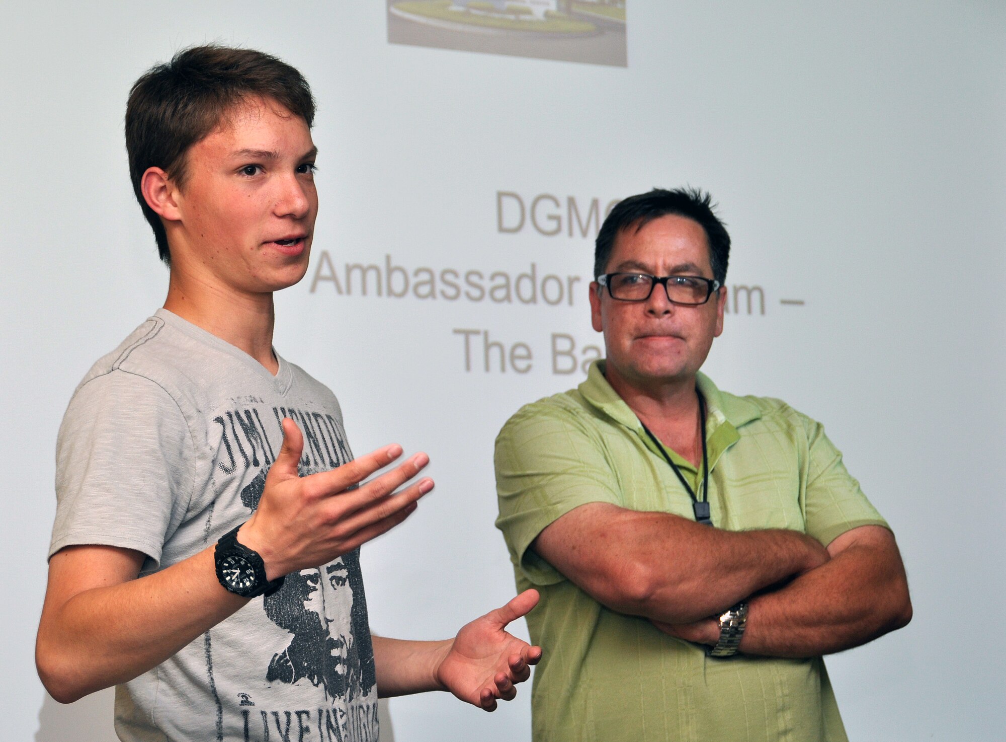 Justin Smith, a returning volunteer for the Red Cross Summer Youth Program, speaks to the group about the Ambassador Program at one of the orientations for the 2014 Red Cross Summer Youth Program May 28 at David Grant USAF Medical Center (U.S. Air Force photo/Senior Airman Madelyn Brown)