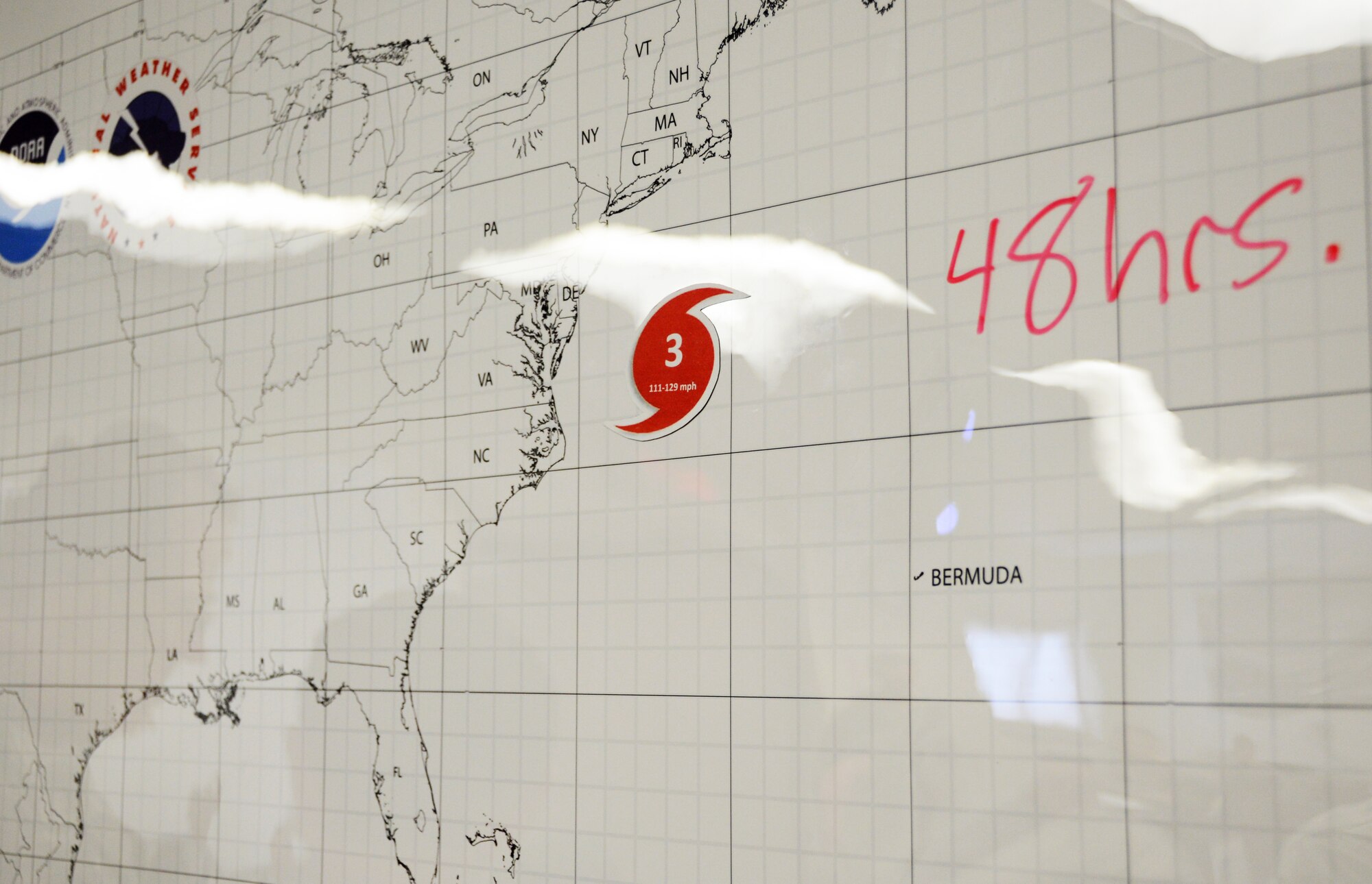 The simulated path of the fictitious Hurricane Lulu during a table top exercise held by the 103rd Airlift Wing, Bradley Air National Guard Base in East Granby, Conn., May 4, 2014. “With the newly acquired C-130H’s the Flying Yankees are able to provide another capability to the state that could be potentially valuable,” said Col. Roy Walton, commander of the 103rd Mission Support Group.  (U.S. Air National Guard photo by Tech. Sgt. Joshua Mead)