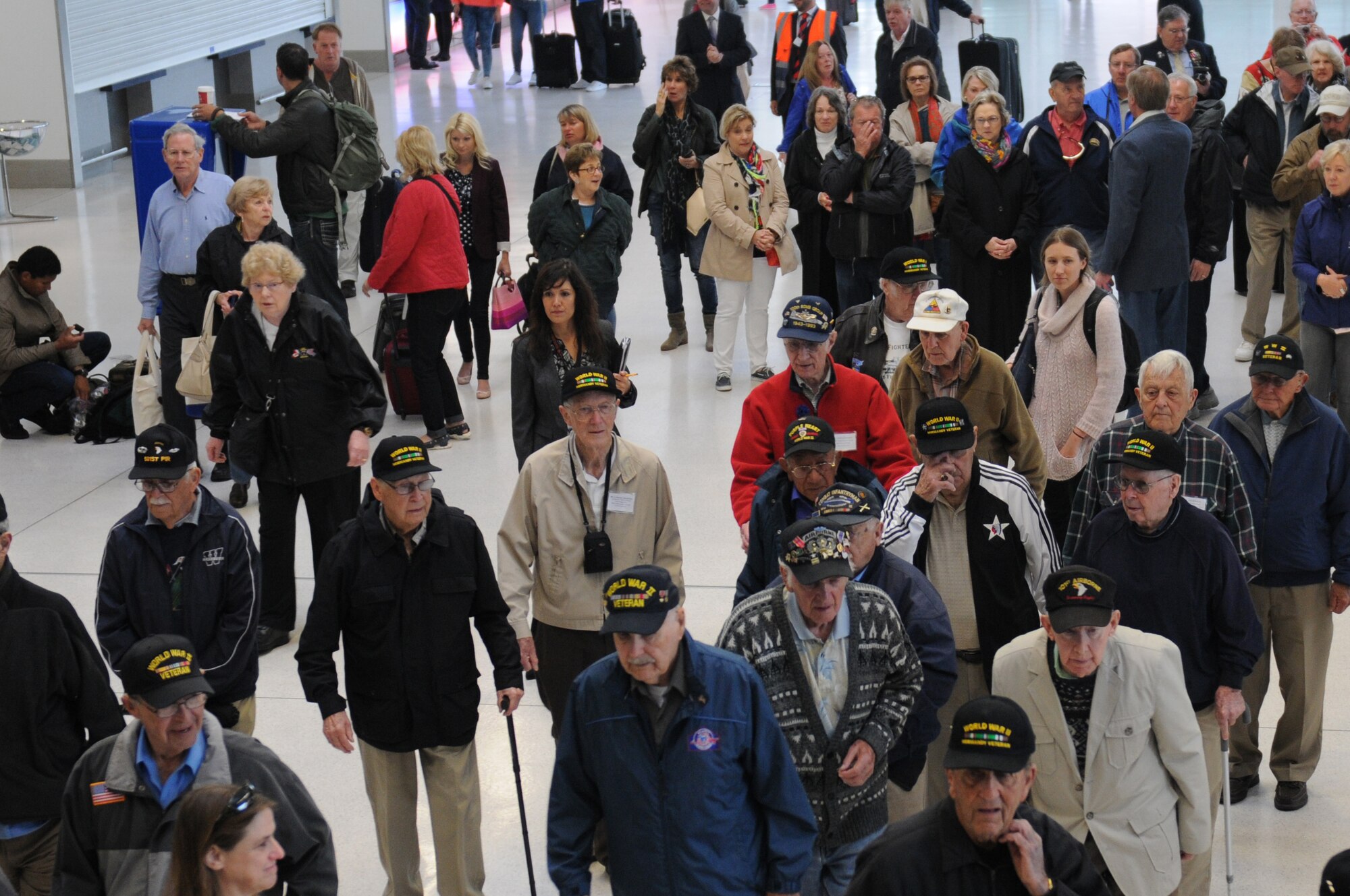 D-Day veterans travel from the United States to the England to take part in the journey to Normandy to commemorate the 70th anniversary of the D-Day landings at Portsmouth, United Kingdom, June 3, 2014. A series of events commemorating the 70th anniversary were planned for the week with many U.S. leaders travelling to the famous beaches to pay their respects to those who lost their lives. (U.S. Air Force photo by Tech. Sgt. Chrissy Best)