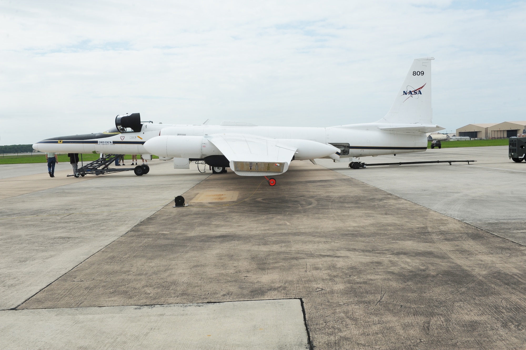 A NASA ER-2 high-altitude research aircraft sits on the Robins flight line. The aircraft and crew are gathering data to help predict weather conditions in mountainous regions. U.S. Air Force photo by ray crayton
