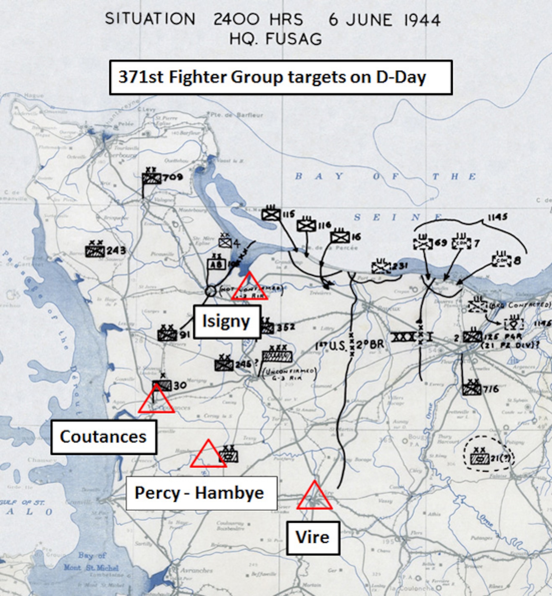 Depicted here are the target areas for the 371st Fighter Group on D-Day, 6 June 1944.  The more distant targets were struck in the first mission, while the second mission of the day took place at Isigny, nearest to the American landing beaches at Omaha and Utah.