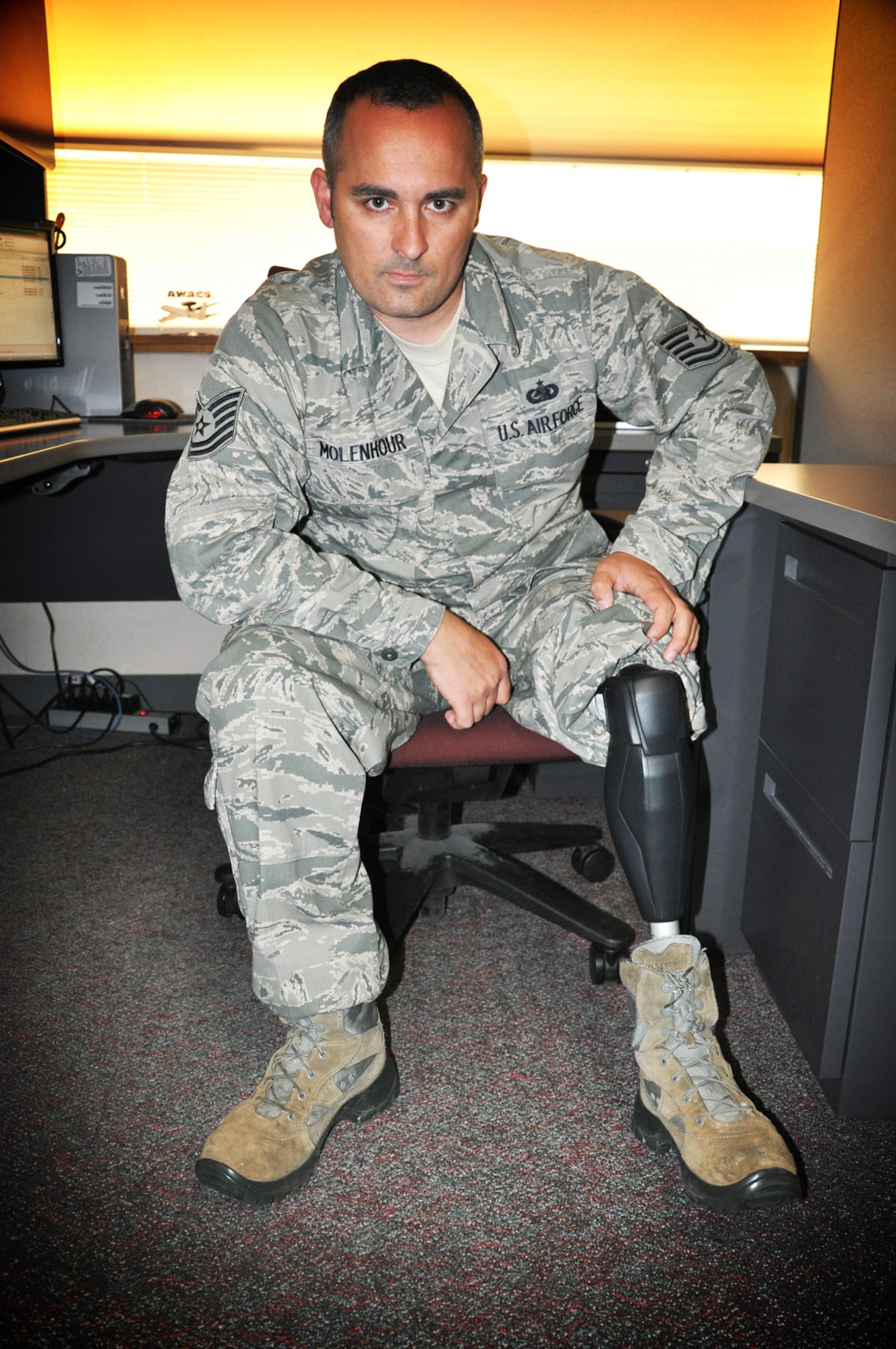 Tech. Sgt. Chad Molenhour, 552nd Air Control Wing, was recently named the Outstanding Department of Defense Service Member with a Disability Award winner for Air Combat Command. Sergeant Molenhour’s left leg was amputated following a motorcycle accident in September 2012. (Air Force photo by Darren D. Heusel)