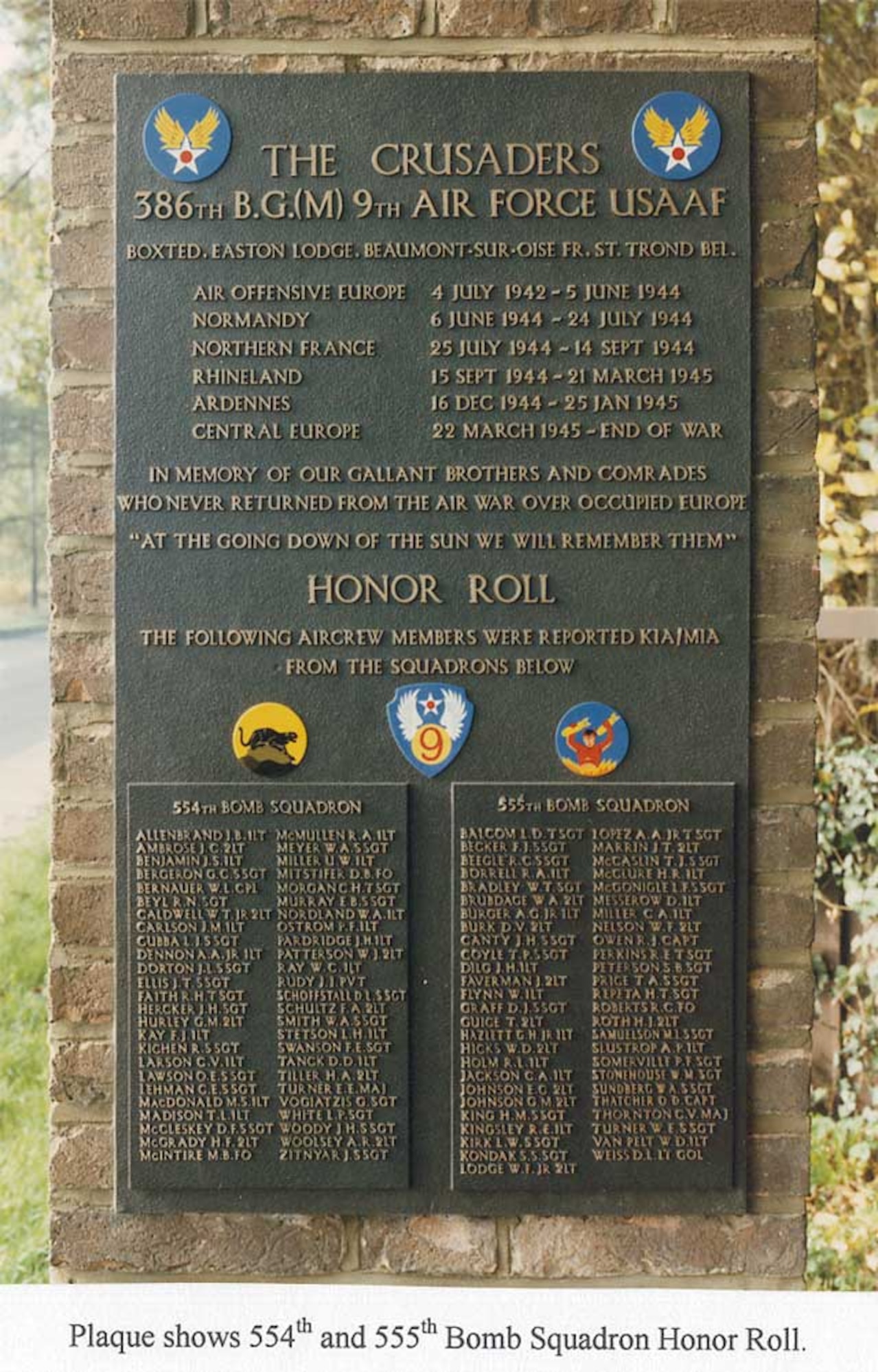 Memorial plaque honoring those who gave their life from the 386th Bombardment Group (Courtesy photo)