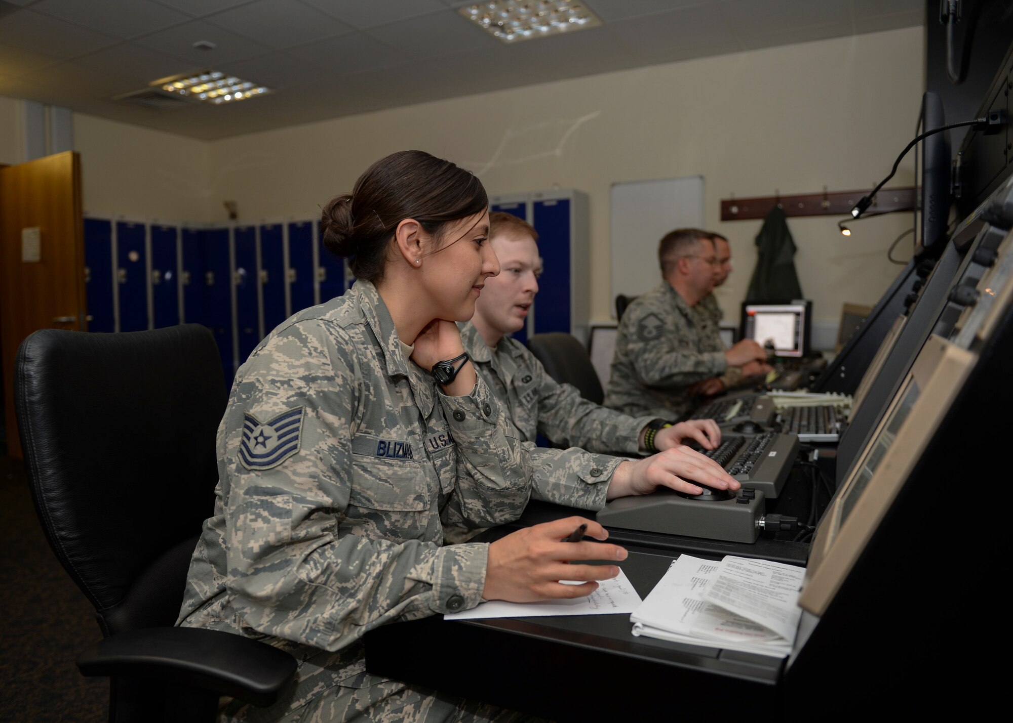 Tech. Sgt. Anna-Maria Blizman, 48th Operations Support Squadron air traffic controller, monitors radars provided by the 48th Communications Squadron at Royal Air Force Lakenheath, England, May 29, 2014. The radars provide air traffic controllers with imagery needed by pilots during flight. (U.S. Air Force photo by Airman 1st Class Nigel Sandridge/Released)
