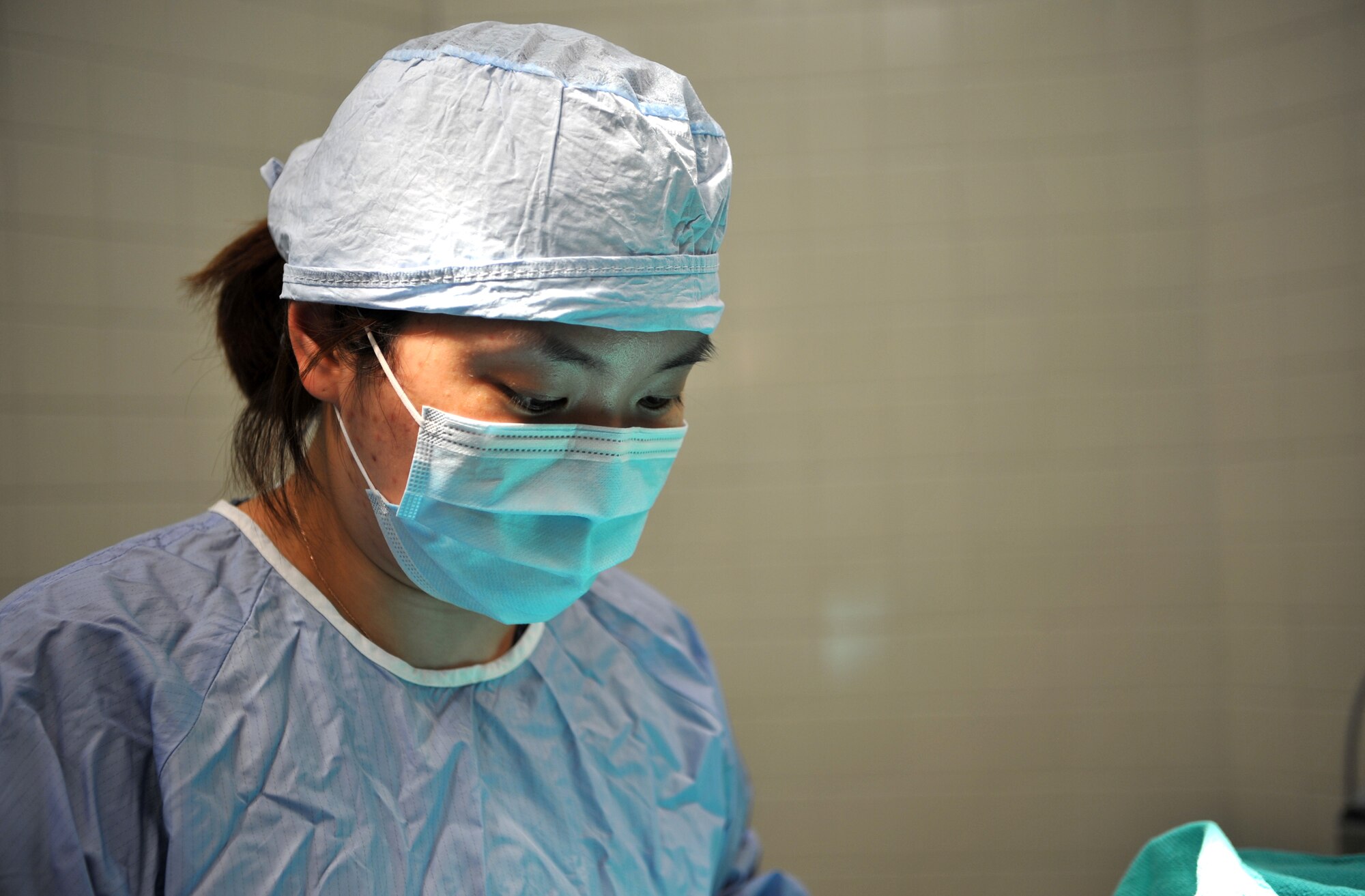 Dr. Kyongmi Kim, 106th Medical Detachment veterinarian, performs minor surgery on Thor, a shih tzu, at the Veterinary Treatment Facility on Osan Air Base, Republic of Korea, June 3, 2014. Kim neutered Thor and corrected a small hernia. (U.S. Air Force photo/Airman 1st Class Ashley J. Thum)