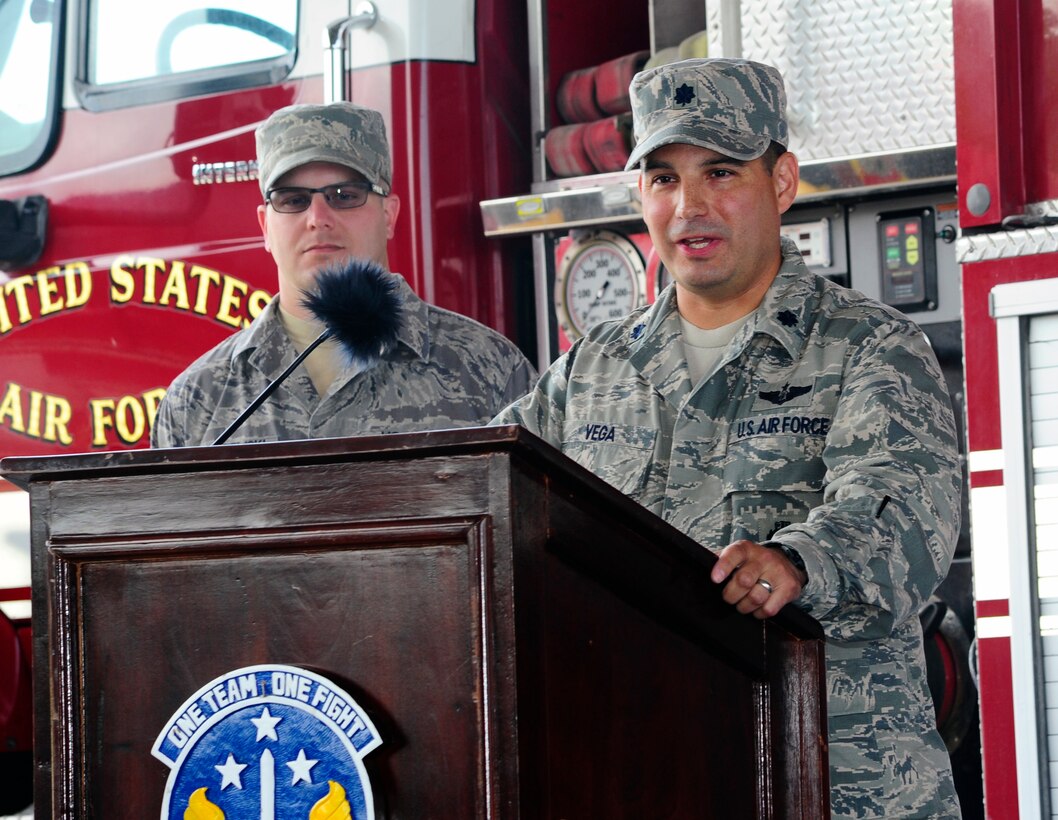 U. S. Air Force Lt. Col. Sergio J. Vega, Jr. addresses the 612th Air Base Squadron and JTF-Bravo servicemembers during the 612th's change of command ceremony at Soto Cano Air Base, Honduras June 5, 2014.  Vega assumed command from outgoing commander U. S. Air Force Lt. Col. Ray P. Matherne.  The 612th Air Base Squadron provides air base support to Joint Task Force-Bravo and 12th Air Force including air traffic control, logistics, base civil engineering, fire department, airfield operations and personnel functions.  In addition, the squadron maintains Soto Cano Air Base as the United States' only strategic gateway to Central America for United States Southern Command.  (Photo by Martin Chahin)