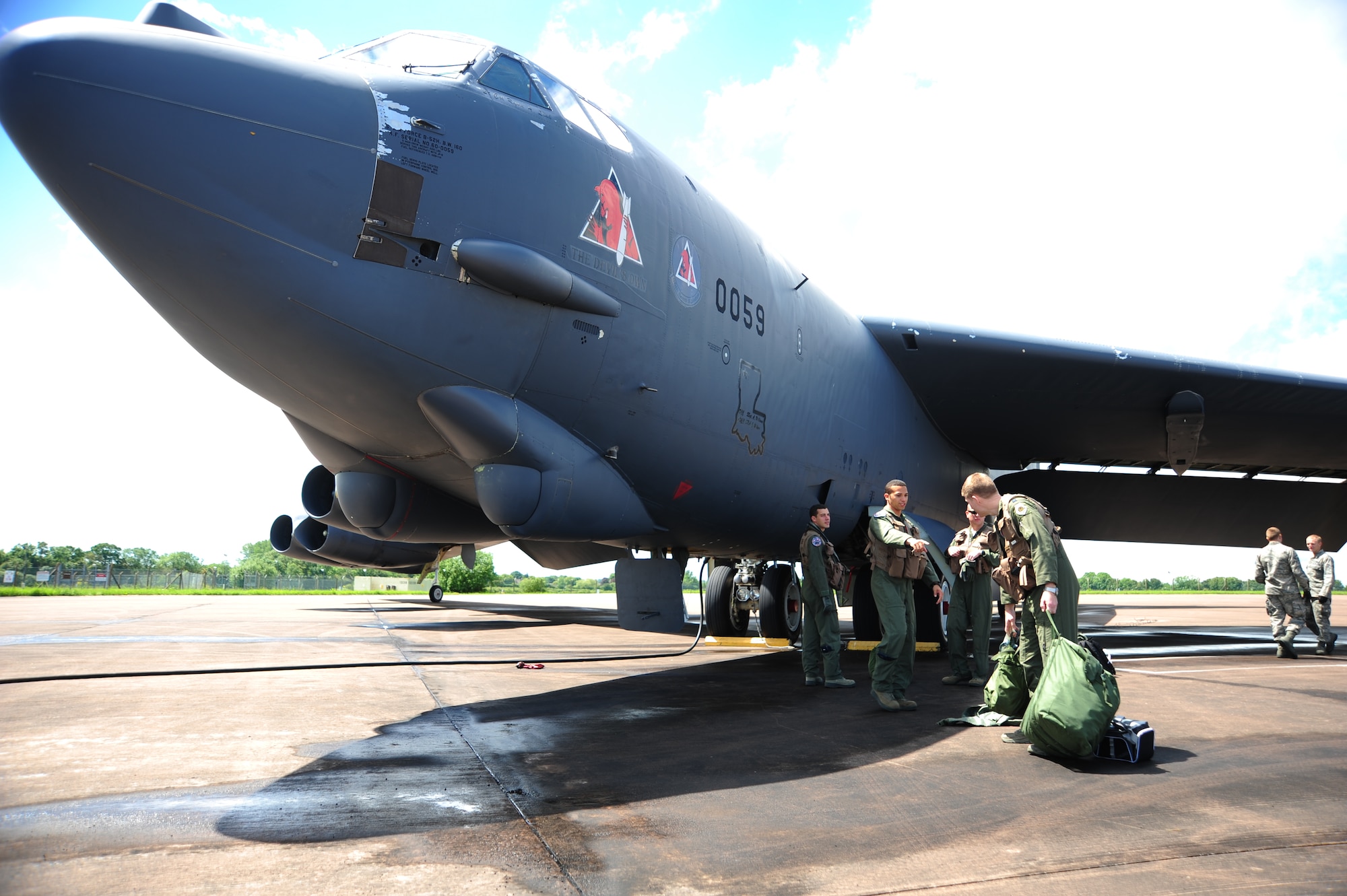 B-52 Stratofortress crewmembers from the 96th Bomb Squadron, Barksdale Air Force Base, La., perform pre-flight checks before taking off at Royal Air Force Base Fairford, United Kingdom, June 7, 2014. The B-52 Stratofortress is a long-range, heavy bomber that can perform a variety of missions. The bomber is capable of flying at high subsonic speeds at altitudes up to 50,000 feet. (U.S. Air Force photo by Staff Sgt. Nick Wilson/Released)
