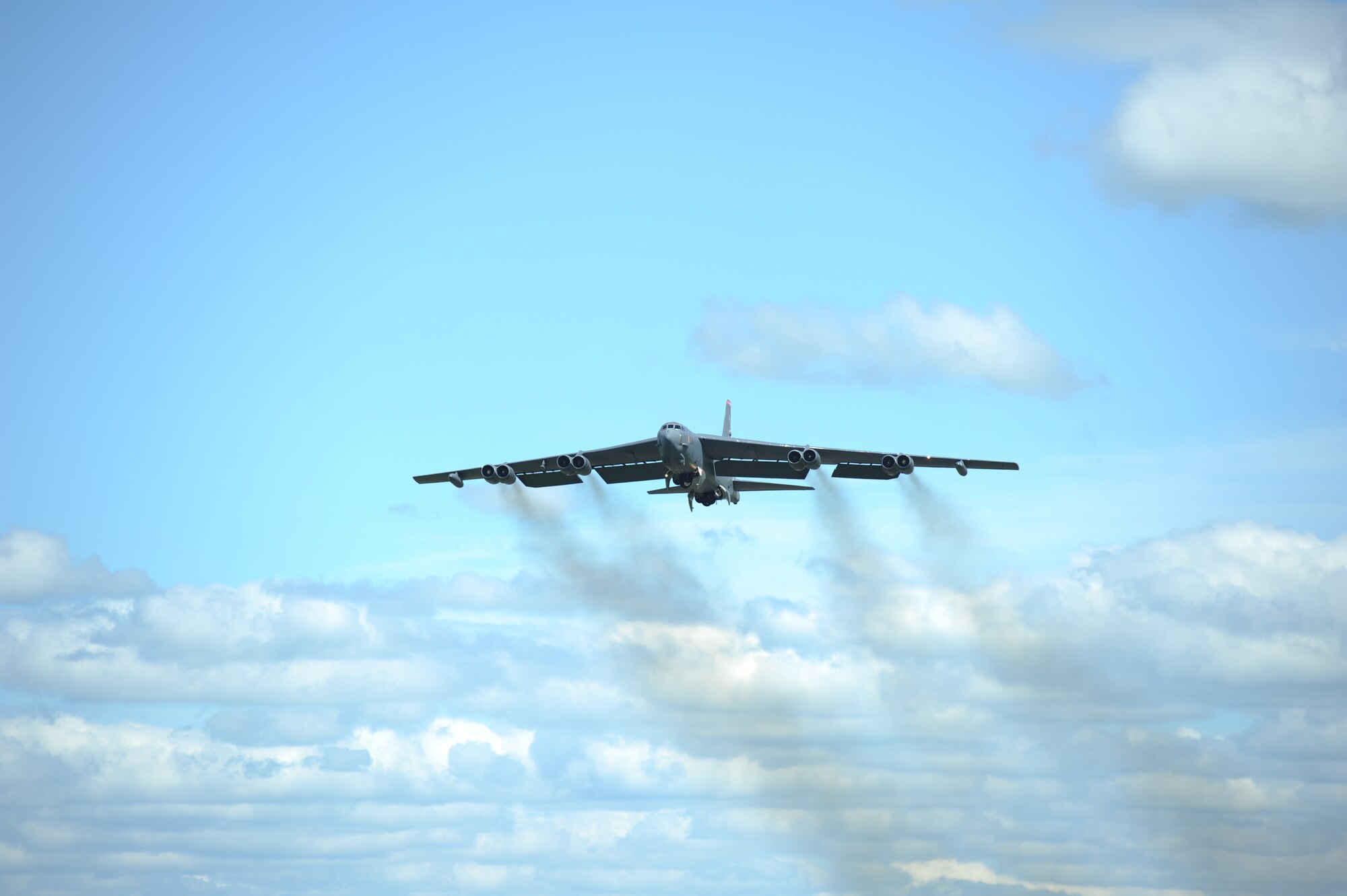 A B-52 Stratofortress from the 5th Bomb Wing, Minot Air Force Base, N.D., takes off at Royal Air Force Base Fairford, United Kingdom, June 7, 2014. Seventy years ago, aircraft assigned to Eighth Air Force played a key role in D-Day June 6, 1944, supporting Allied troops as they stormed the beaches of Normandy, France. The B-52 flew over Normandy to honor those Service members who fought and gave the ultimate sacrifice that day. (U.S. Air Force photo by Staff Sgt. Nick Wilson/Released)