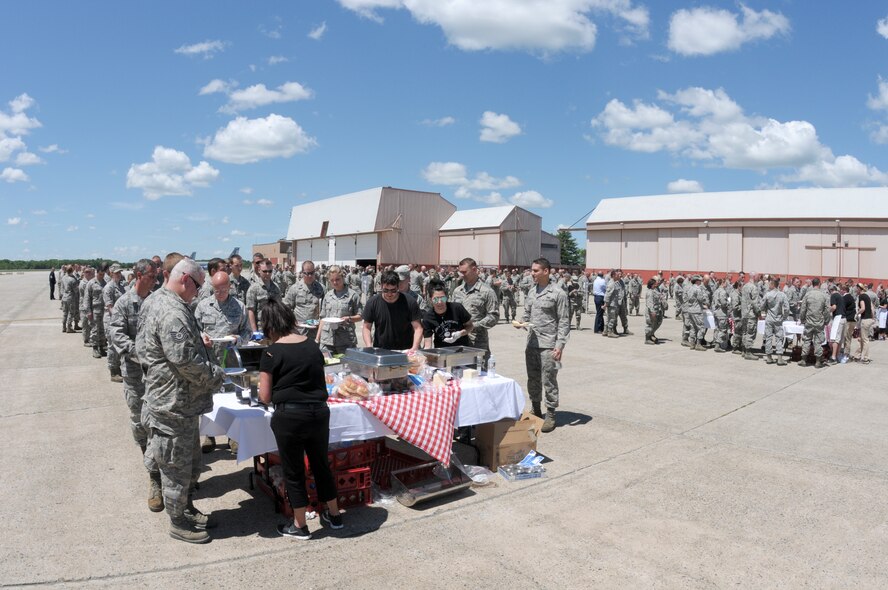 PEASE AIR NATIONAL GUARD BASE, N.H—Members of the 157th Air Refueling Wing receive lunch during Wingman Day, June 7, 2014.  (N.H. Air National Guard photo by Staff Sgt. Curtis J. Lenz)