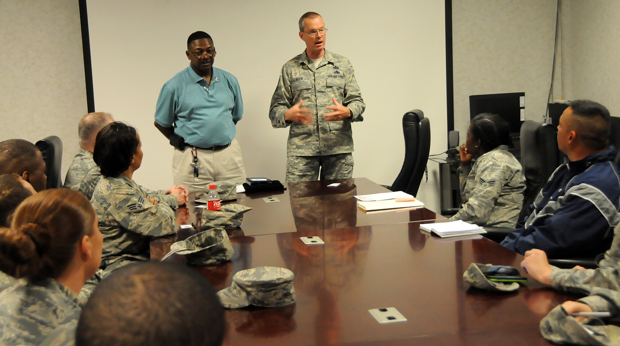 Retired Chief Master Sgt. Robert Barnette, Va. Army and Air National Guard Enlisted Association President, visited the 192nd Fighter Wing “Rising 6” (formerly, the Junior Enlisted Council) to speak about benefits of joining the National Guard Enlisted Association at Joint Base Langley-Eustis, April 27, 2014. Rising 6 members also had the opportunity to bring questions and/or concerns to the 192nd FW Command Chief, Chief Master Sgt. Jay Ellis. (U.S. Air National Guard photo by Airman 1st Class Johnisa B. Roberts/Released)