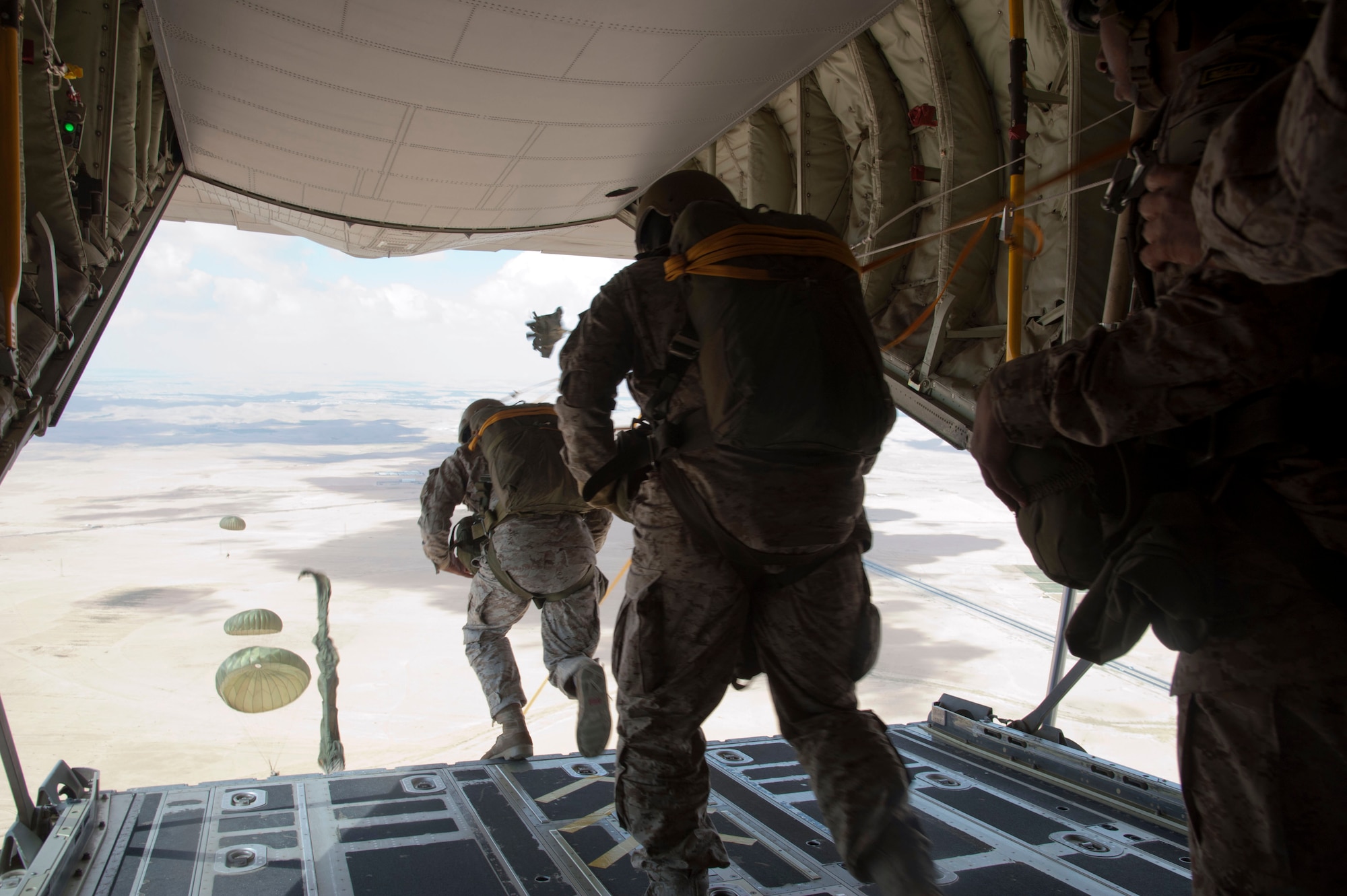 Paratroopers from various countries participate in a friendship jump over Jordan during Exercise Eager Lion June 2, 2014. One of the objectives of Eager Lion is to ensure partner nations have the ability to operate together when called upon by to meet common challenges. (U.S. Air Force photo by Staff Sgt. Brigitte N. Brantley/Released)