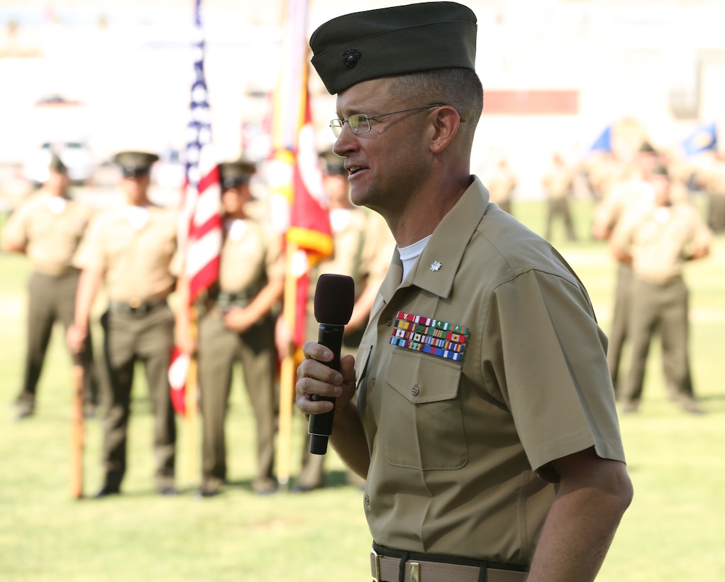 Lt. Col. Jeff Kenney, commanding officer, 3rd Battalion, 4th Marines, 7th Marine Regiment, makes his remarks about 3/4  during the battalion's deactivation ceremony at Lance Cpl. Torrey L. Gray Field, May 30, 2014.  "Today, with a heavy heart, I will dismiss the battalion," Kenney said. "I know it's not a matter of if we'll reactivate, but when, and that will be when the nation needs warriors."
