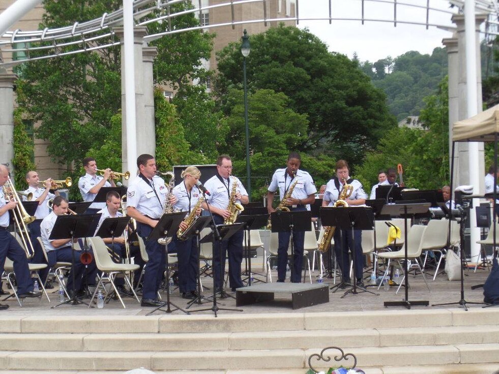 The sax line wows during the playing of Glenn Miller's "In the Mood" at Pack Place Park in Asheville, NC on Memorial Day 2014