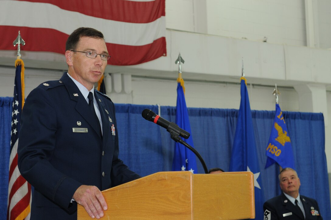 Lt. Col. John O’Connor assumes command of the 174th Attack Wing Mission Support Group on June 8, 2014 at Hancock Field, Syracuse, NY. (New York Air National Guard Photo by Tech. Sgt. Justin A. Huett/Released)
