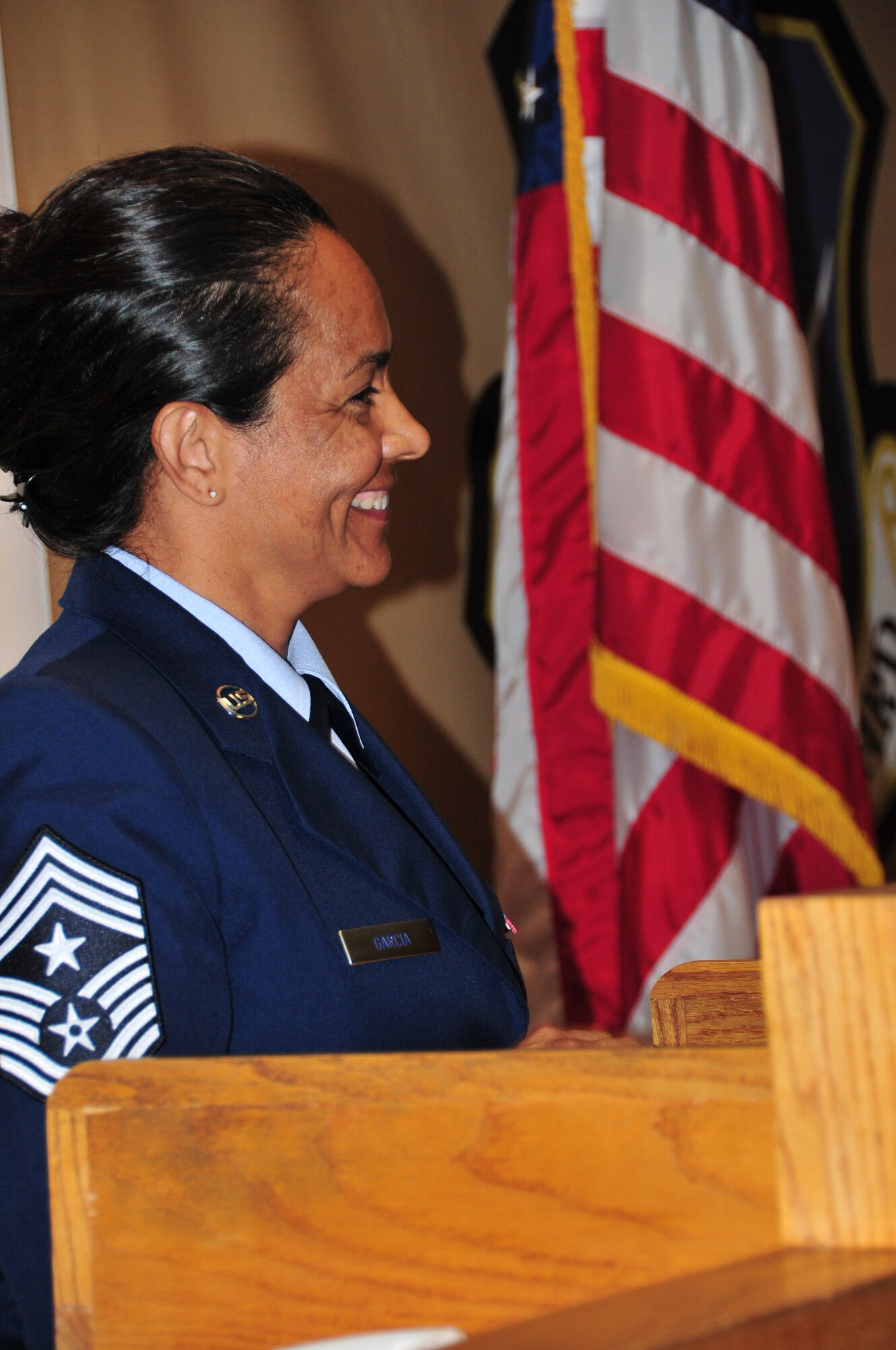 Chief Master Sgt. Martha Garcia is the newly appointed Command Chief Master Sgt. for the 161st Air Refueling Wing, Phoenix, June 7, 2014. With more than 25 years of military service, Chief Garcia is the first female Command Chief for the 161 ARW. “I am both honored and excited to serve as your wing Command Chief Master Sgt. I am truly humbled and look forward to the opportunity as serving as your enlisted voice…You are important, what you do is important and how you do it is critical to our success. Be proud of what you do and believe that you are important.” (U.S. Air Force Photo by Staff Sgt. Courtney Enos/Released)
