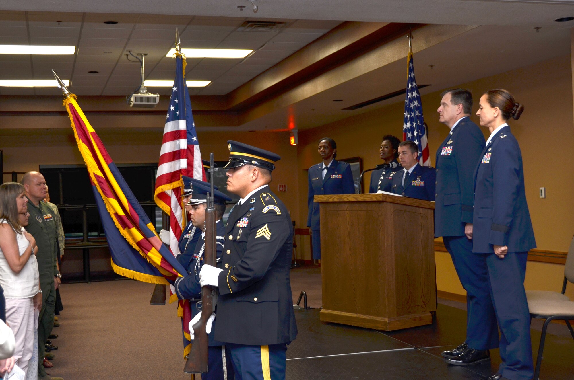 U.S. Air Force Col. Kerry L. Muehlenbeck, Arizona Army and Air Guard Joint Operations officer, is promoted to Brig. Gen., June 7, 2014 at the 161st Air Refueling Wing, Phoenix. Brig. Gen. Muehlenbeck is the first woman to serve as a general officer in the Arizona Air National Guard. She said, “I am very thankful for this opportunity, because there are many people who have the talent and qualifications to be where I am.” (U.S. Air National Guard photo by Senior Airman Rashaunda Williiams/Released)