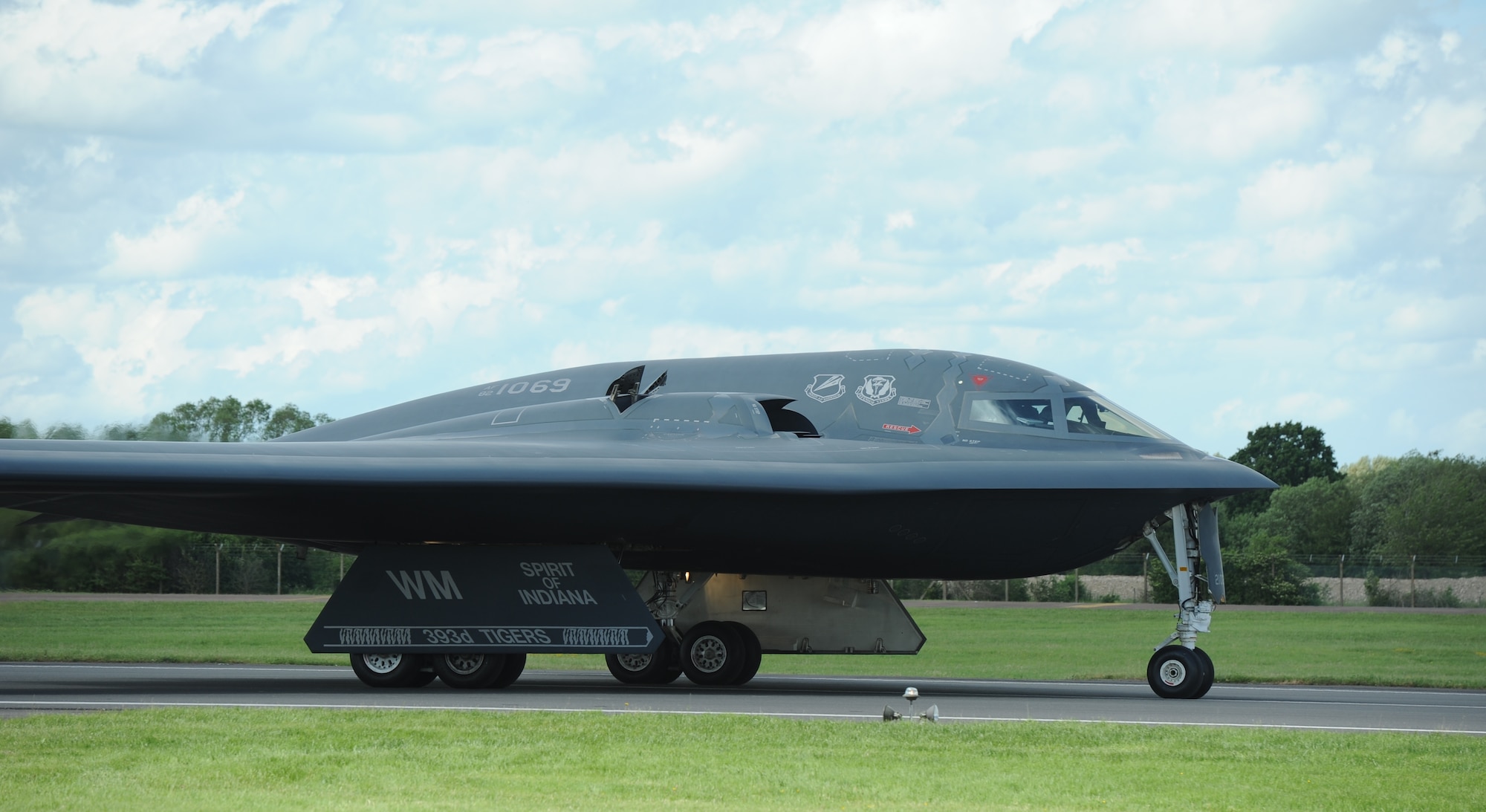 The “Spirit of Indiana,” a B-2 Spirit from Whiteman Air Force Base, Mo., taxis down the runway at RAF Fairford, England, June 8, 2014. The B-2 Spirit is a multi-role bomber capable of delivering both conventional and nuclear munitions. Its low-observable, or "stealth," characteristics give it the unique ability to penetrate an enemy's most sophisticated defenses and threaten its most valued, and heavily defended, targets. (U.S. Air Force photo by Staff Sgt. Nick Wilson/Released)