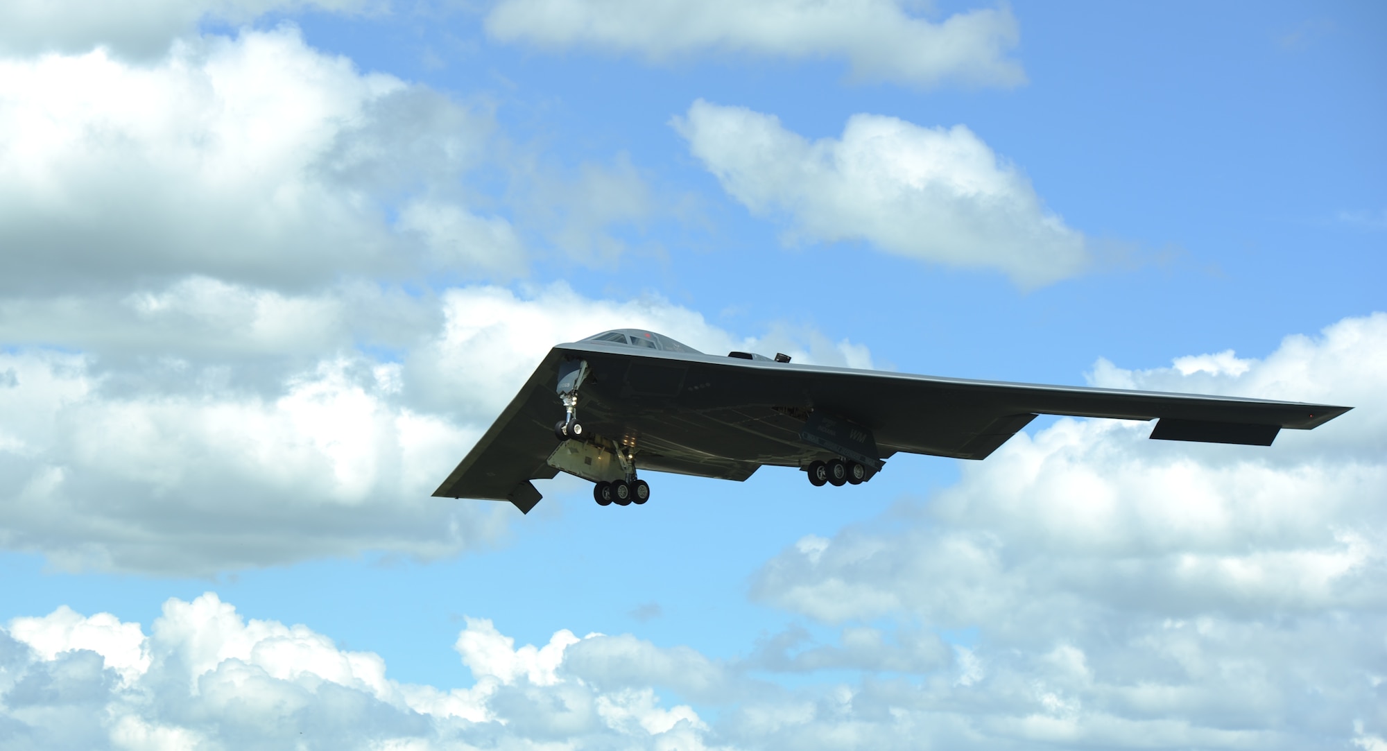 The “Spirit of Indiana,” a B-2 Spirit from Whiteman Air Force Base, Missouri, prepares to land on the runway at RAF Fairford, England, June 8, 2014. The B-2 Spirit is a multi-role bomber capable of delivering both conventional and nuclear munitions. (U.S. Air Force photo by Staff Sgt. Nick Wilson/Released)