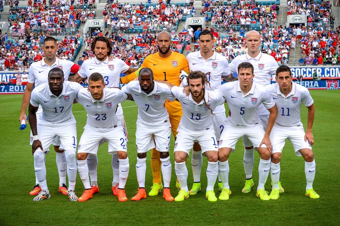 The U.S. Men's National Soccer Team poses for a group photograph before the U.S.-Nigerian soccer match at Everbank Field, Jacksonville, Fla., June 7, 2014. 