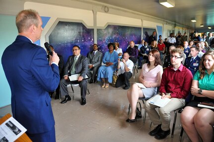 Air Force Maj. Gen. Don Dunbar, adjutant general of Wisconsin, speaks during a ribbon-cutting ceremony for STARBASE Wisconsin, a Department of Defense-sponsored education initiative for fifth-grade students, June 18 at the U.S. Army Reserve Center in Milwaukee. STARBASE Wisconsin, which has been running since April, is operated by the Wisconsin Air National Guard and provides students with hands-on learning opportunities in math and science.