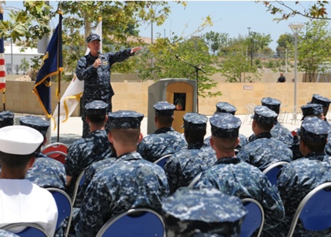 Surgeon General of the Navy Vice Admiral Matthew Nathan talks to junior military and civilian hospital staff during a visit to Naval Hospital Camp Pendleton June 5, 2014.  Nathan told them how important their jobs were to the Marines, sailors and families of Camp Pendleton. 