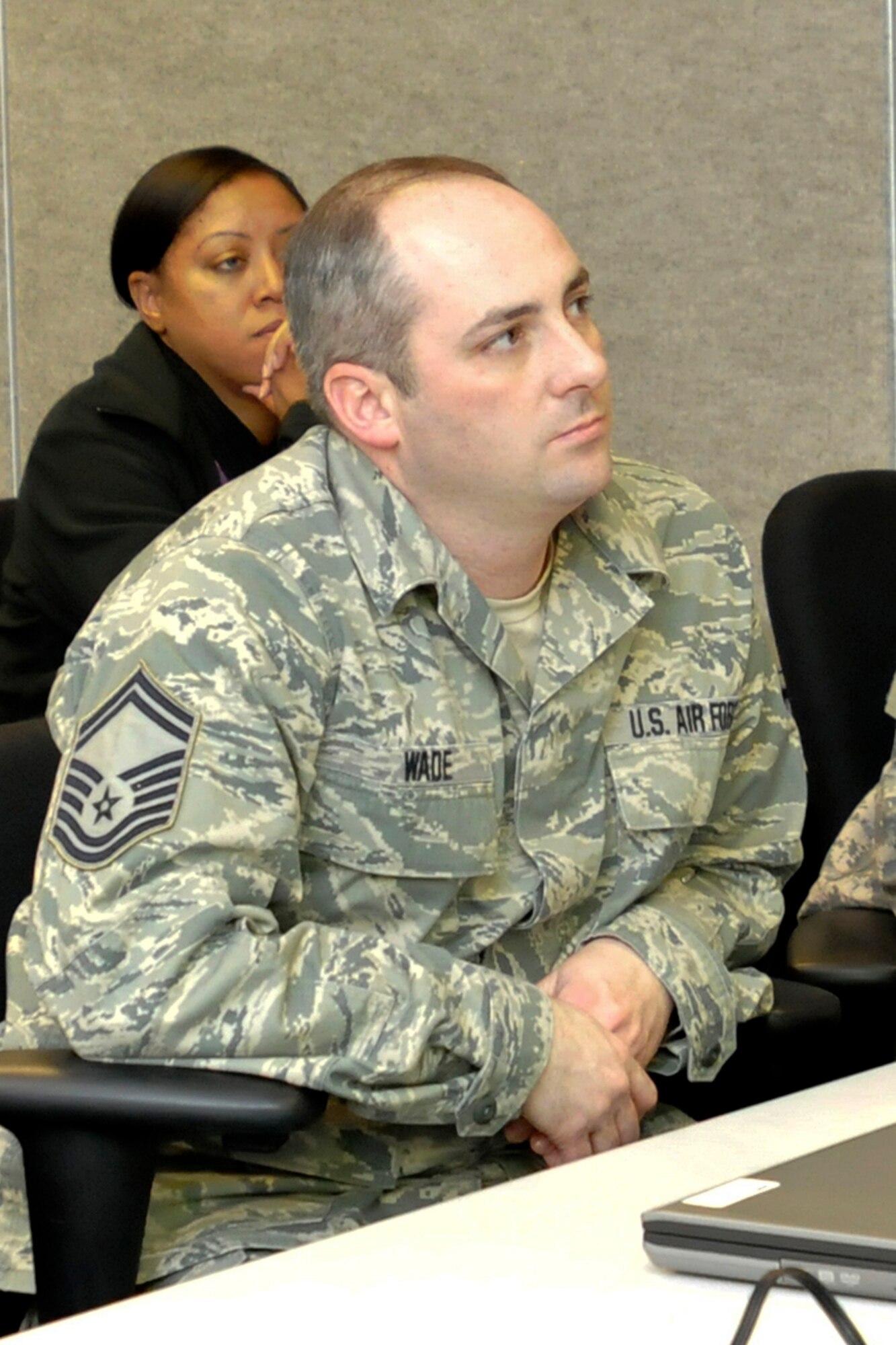 Senior Master Sgt. Alan Wade, base contracting officer for the Kentucky Air National Guard’s 123rd Airlift Wing, attends a multinational training exercise for contracting officials at Fort Bliss, Texas, on Jan. 19, 2014. The course included an earthquake-response scenario that required participants to rapidly provide contracted services ranging from food and housing to construction. (U.S. Army photo by Staff Sgt. Kenneth Pawlak)