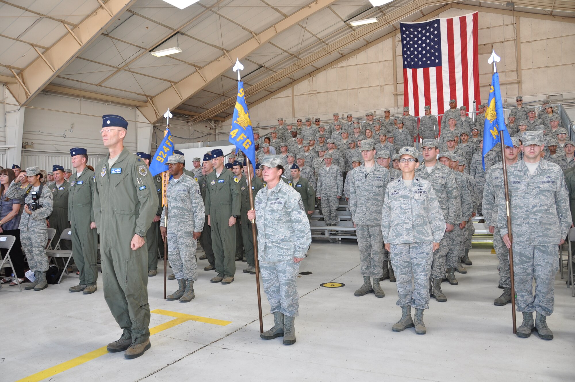 The 924th Fighter Group stands in formation during a Change of Command ceremony held on Sunday. Col. Thomas McNurlin assumed command from Col. John Russell in a ceremony officiated by Col. Kurt J. Gallegos, 944th Fighter Wing commander.  (U.S. Air Force photo/Maj. Elizabeth Magnusson)
