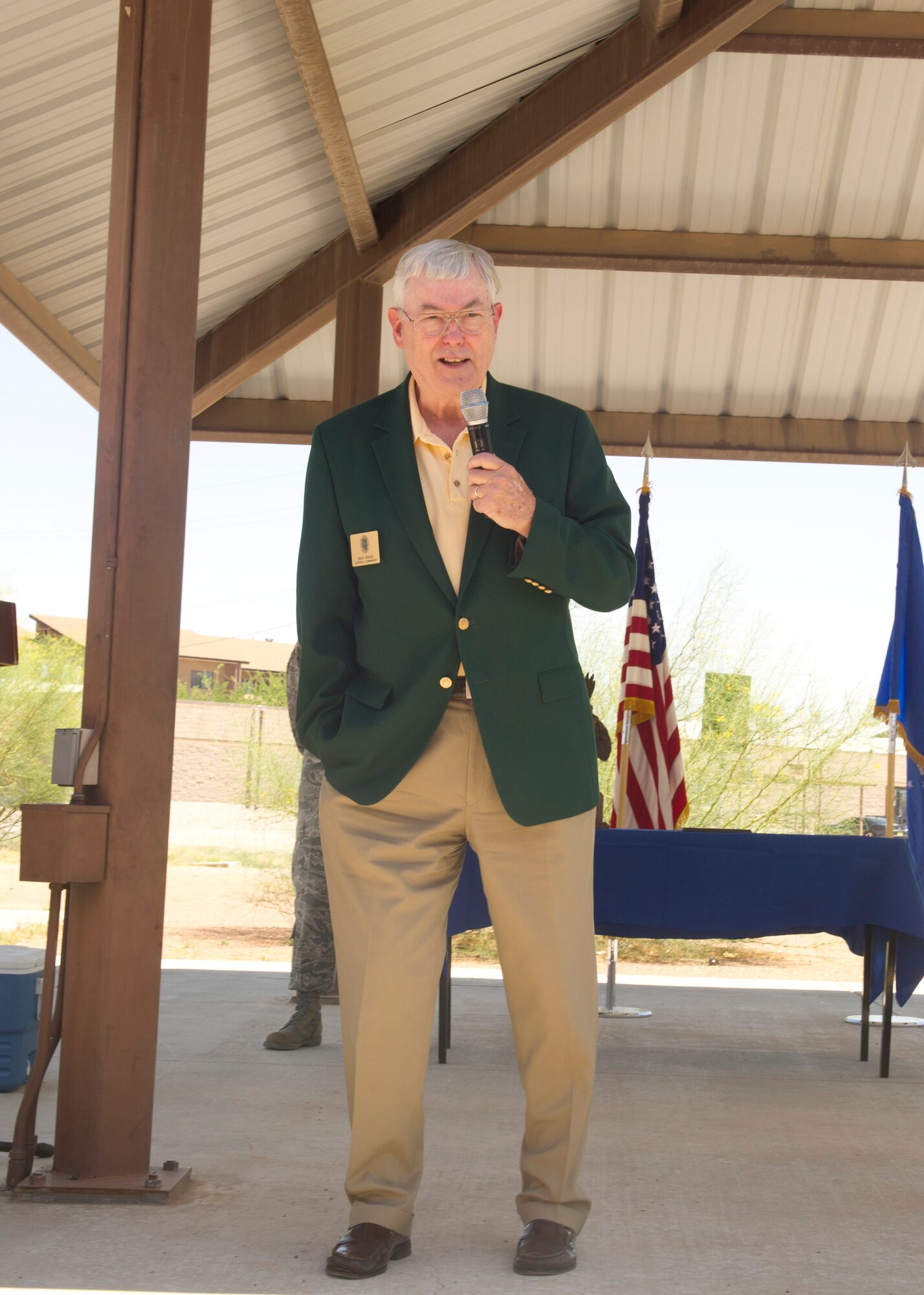Retired Lt.Gen. Nicholas Kehoe gives a speech at the Daedalion Award presentation at Holloman Air Force Base, N.M., June 6. Holloman’s Logistics Readiness Squadron was once again awarded the title of best LRS in the U.S. Air Force for 2013. The Maj. Gen. Warren R. Carter Logistics Readiness Squadron Effectiveness Award is presented annually by the Order of Daedalions to the base that has achieved the best supply effectiveness record in the U.S. Air Force in support of mission aircraft and weapons. (U.S. Air Force photo by Airman 1st Class Leah Ferrante/Released) 