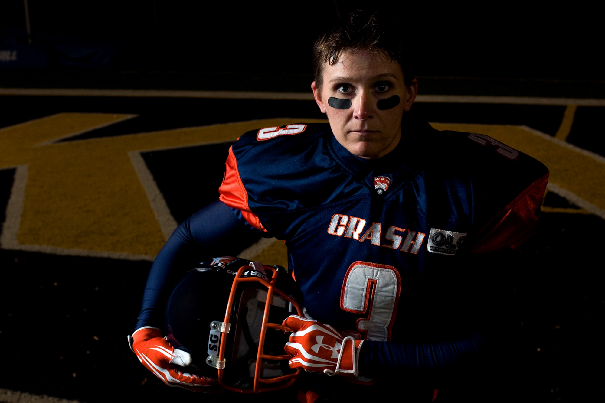 Leslie Nance, an Indy Crash tight end, poses for a photo immediately following a football game in Indianapolis May 17, 2014. Nance is also a 445th Aeromedical Staging Squadron first sergeant at Wright-Patterson Air Force Base, Ohio, and a civilian 434th Force Support Squadron human resources specialist at Grissom Air Reserve Base, Ind. (U.S. Air Force photo/Tech. Sgt. Mark R. W. Orders-Woempner)

