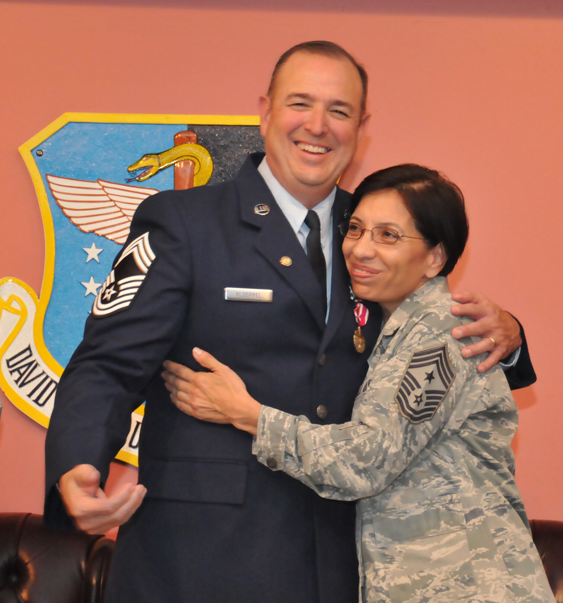 TRAVIS AIR FORCE BASE, Calif. -- Chief Master Sgt. Mark Kloeppel, 349th Medical Group superintendent, has a retirement ceremony held here on June’s A flight.  (U.S. Air Force photo / Senior Master Sgt. Robert Wade) 