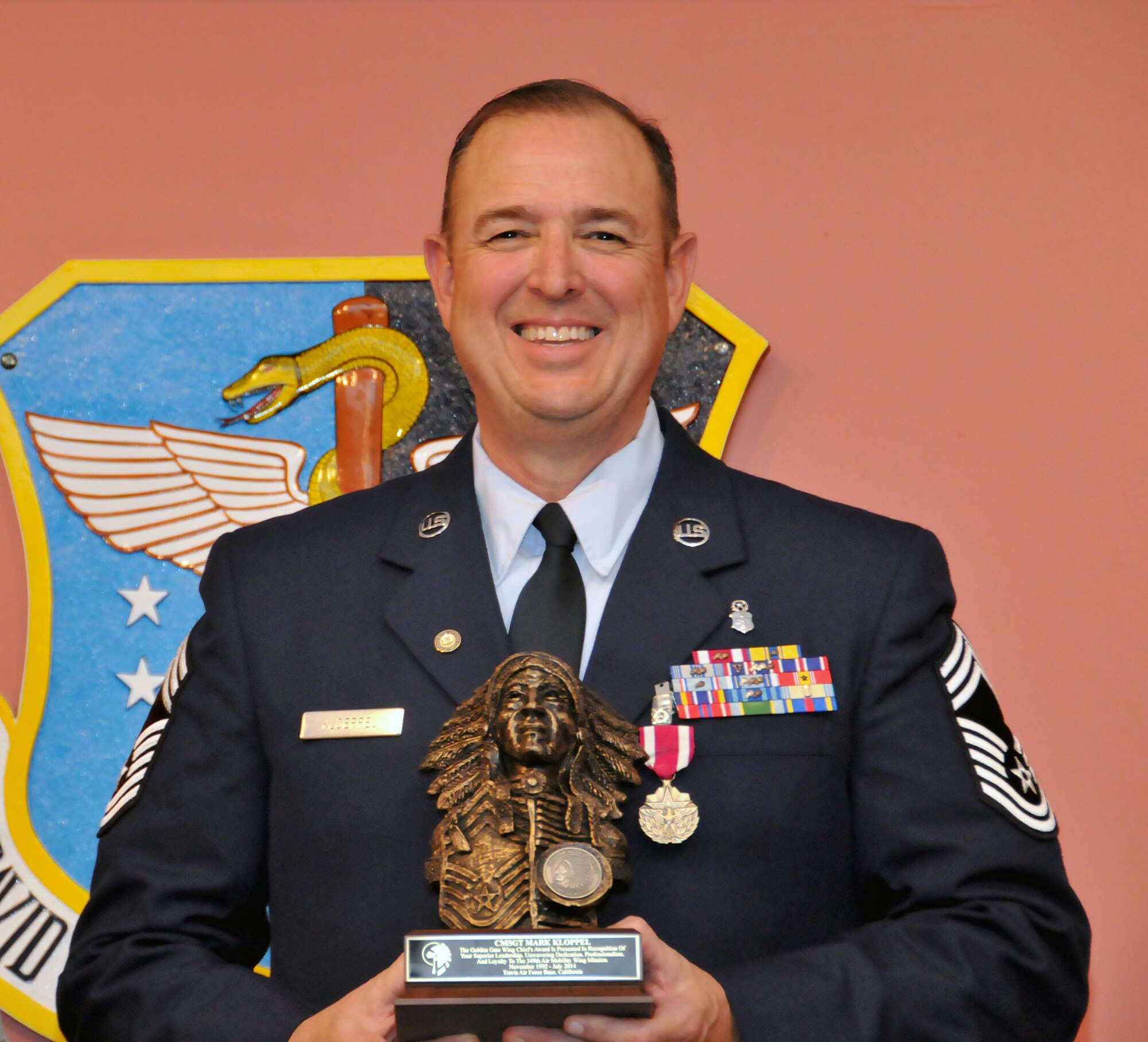 TRAVIS AIR FORCE BASE, Calif. -- Chief Master Sgt. Mark Kloeppel, 349th Medical Group superintendent, has a retirement ceremony held here on June’s A flight.  (U.S. Air Force photo / Senior Master Sgt. Robert Wade) 