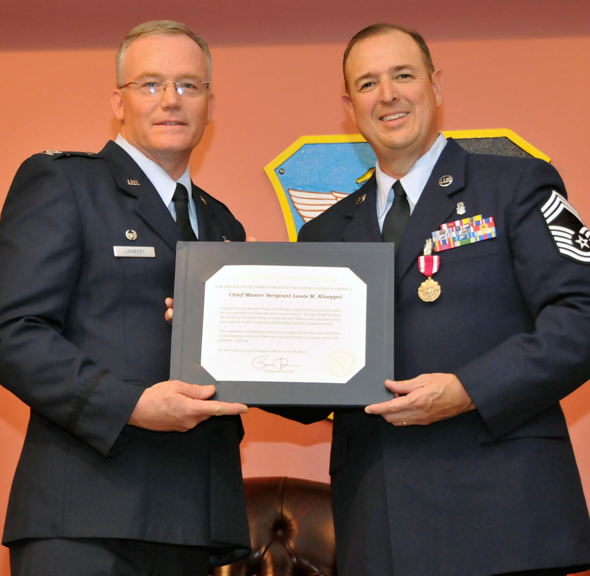 TRAVIS AIR FORCE BASE, Calif. -- Chief Master Sgt. Mark Kloeppel, 349th Medical Group superintendent, has a retirement ceremony held here on June’s A flight.  (U.S. Air Force photo / Senior Master Sgt. Robert Wade) 