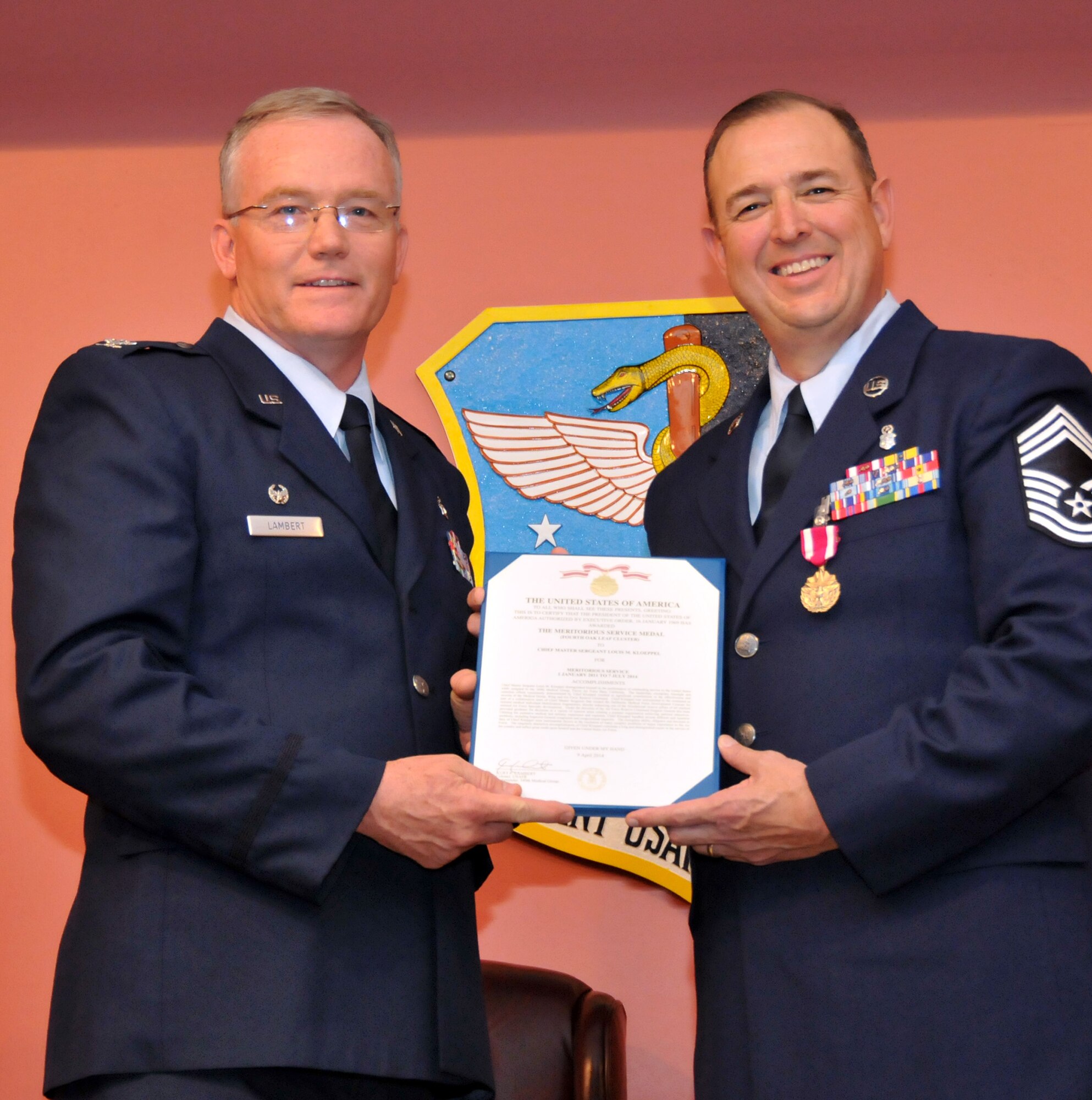TRAVIS AIR FORCE BASE, Calif. -- Chief Master Sgt. Mark Kloeppel, 349th Medical Group superintendent, has a retirement ceremony held here on June’s A flight.  (U.S. Air Force photo / Senior Master Sgt. Robert Wade) 