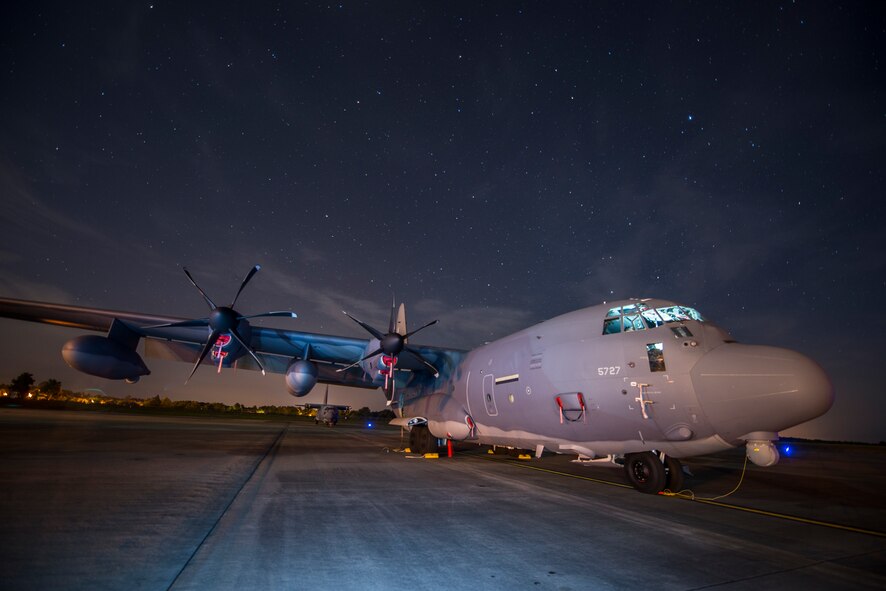 An HC-130J Combat King II sits under the stars at Moody Air Force Base, Ga., June 4, 2014. Airmen from the 71st Maintenance Squadron work around the clock to ensure operational readiness for both the HC-130J and the HC-130 P Combat King. (U.S. Air Force photo by Airman 1st Class Ryan Callaghan/Released)