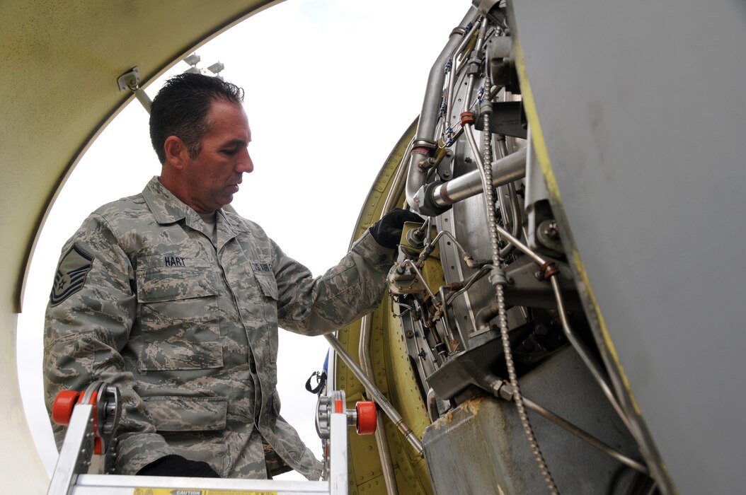 Master Sgt. Tim Hart, 151st Maintenance Group, inspects the engine of a KC-135R Stratotanker at NATO Air Base Geilenkirchen, Germany, during a training exercise in May 2014. (Utah Air National Guard photo by Staff Sgt. Annie Edwards/RELEASED)