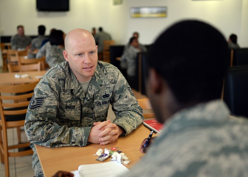 U.S. Air Force Tech. Sgt. Mike Baker, Pitsenbarger Airman Leadership School instructor from Vancouver, Wash., talks with U.S. Air Force Airman 1st Class Zackery Tookes, 52nd Force Support Squadron Mosel Dining Hall staff member from Atlanta, during the inaugural FSS speed-mentoring event in the dining facility at Spangdahlem Air Base, Germany, June 6, 2014. NCOs and senior NCOs from the force support squadron volunteered to act as a guide or mentor to the attending junior Airmen. The participants would sit with mentors for three minutes to gauge compatibility before moving on to the next potential mentor. (U.S. Air Force photo by Staff Sgt. Daryl Knee/Released)