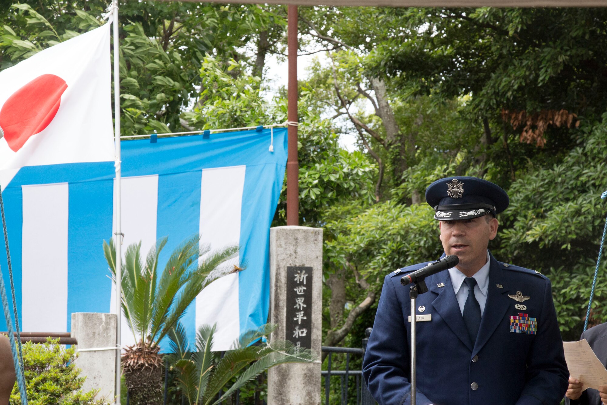 Col. Robert Blagg, Yokota Air Base 374th Operations Group Commander, speaks during the B-29 Memorial Ceremony in Shizuoka, Japan, June 7, 2014. Every year, U.S. and Japanese service members hike to the Sengen Hill monument in honor of those who lost their lives in the B-29 collision on June 20, 1945. (U.S. Air Force photo by 2nd Lt. Ashley Wright/Released)
