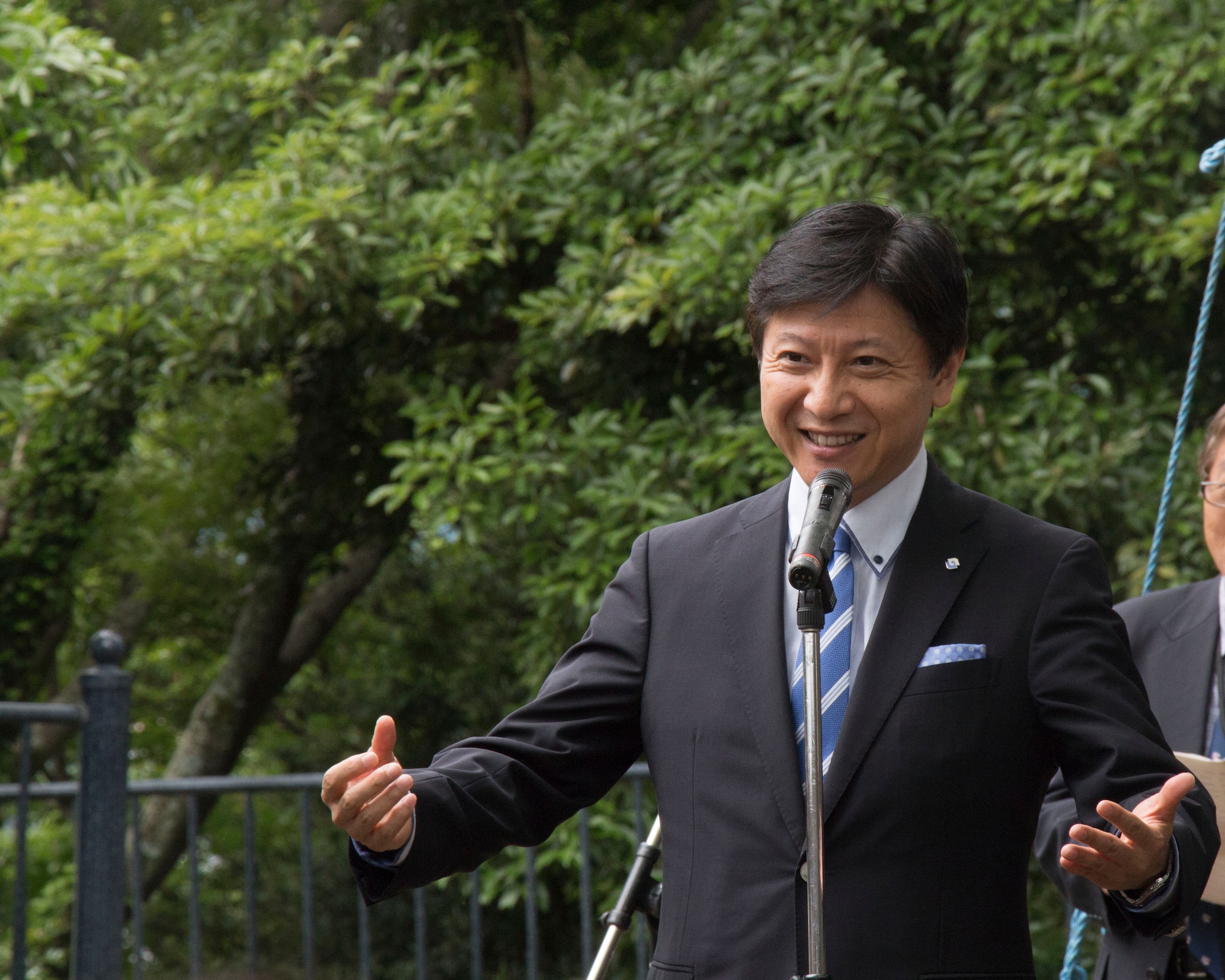 Nobuhiro Tanabe, mayor of Shizuoka City, speaks during the B-29 Memorial Ceremony in Shizuoka, Japan, June 7, 2014. Every year, U.S. and Japanese service members hike to the Sengen Hill monument in honor of those who lost their lives in the B-29 collision on June 19, 1945. (U.S. Air Force photo by 2nd Lt. Ashley Wright/Released)