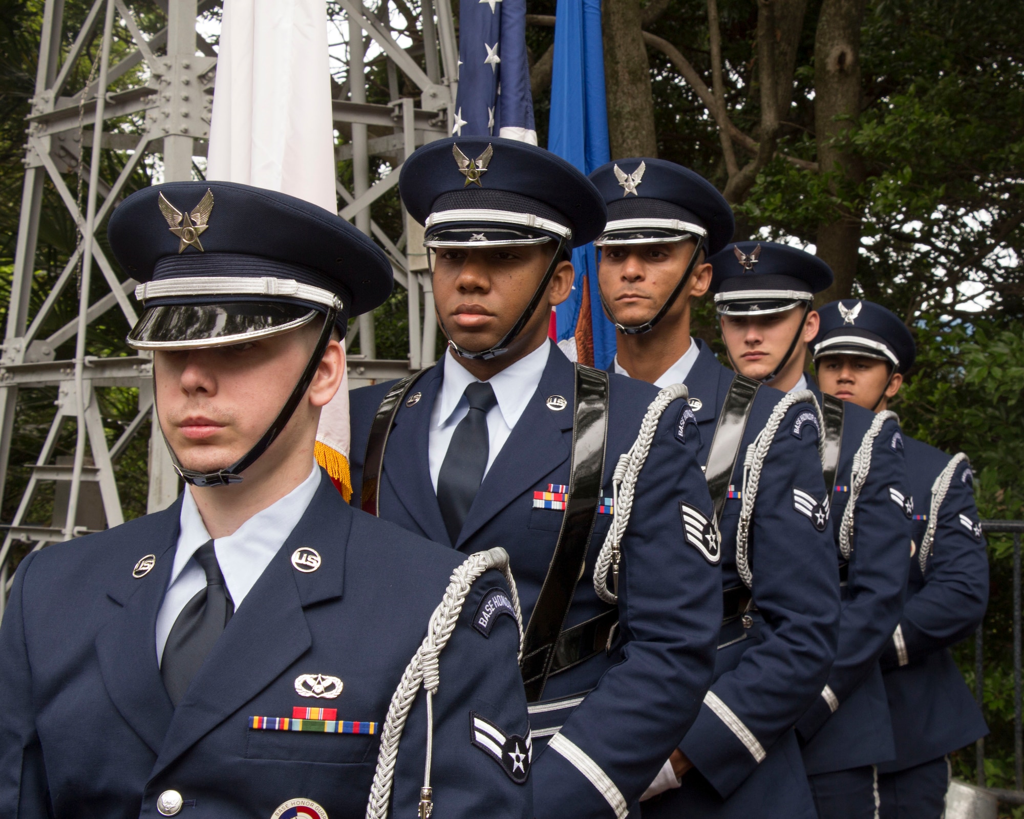 Members of the Yokota Air Base Honor Guard prepare to present the colors at the B-29 Memorial Ceremony in Shizuoka, Japan, June 7, 2014. Every year, U.S. and Japanese service members hike to the Sengen Hill monument in honor of those who lost their lives in the B-29 collision on June 20, 1945. (U.S. Air Force photo by 2nd Lt. Ashley Wright/Released)