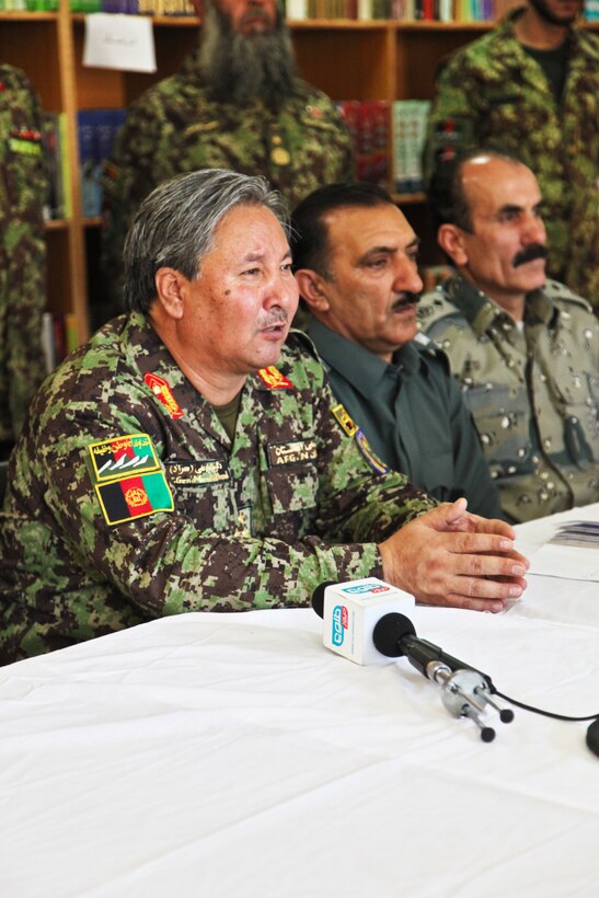 Afghan army Lt. Gen. Murad Ali Murad speaks during a press conference after the combined arms rehearsal at Forward Operating Base Gamberi in Afghanistan's Laghman province, June 7, 2014.