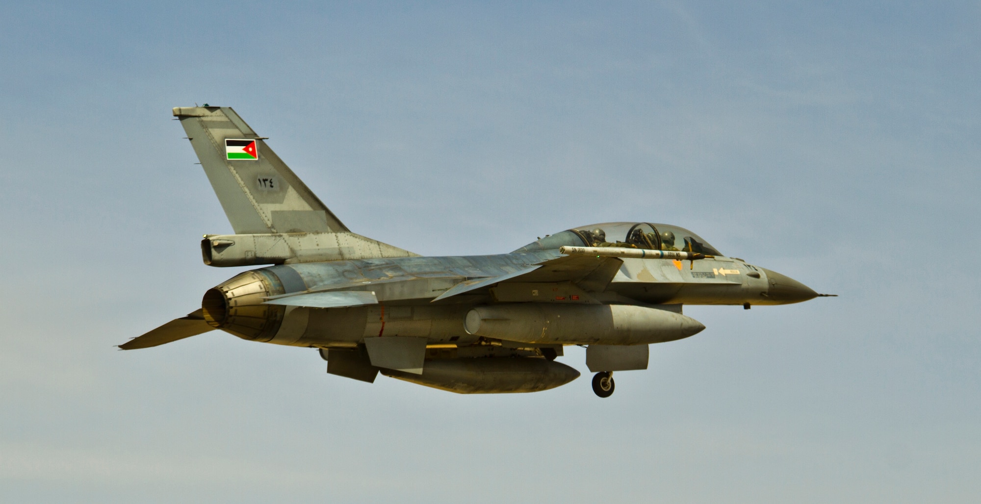 An F-16 Fighting Falcon from the Royal Jordanian Air Force takes to the skies over an air base in northern Jordan May 29, 2014, during Exercise Eager Lion. More than 12,500 personnel from five continents participated in the exercise, which is designed to strengthen military-to-military relationships and interoperability. (U.S. Air Force photo by Staff Sgt. Tyler McLain)