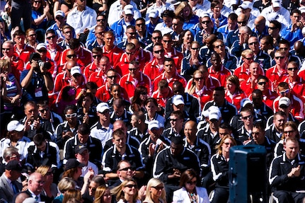 At the 2012 Warrior Games, consisting of 200 wounded, ill or injured service members from the Marine Corps, Navy, Air Force, Coast Guard and Special Operations Command competing in a Paralympics-style competition, athletes sit and listen to opening day remarks April 30, 2012 in Colorado Springs, Colo. The competition is from May 1 to 5, 2012.