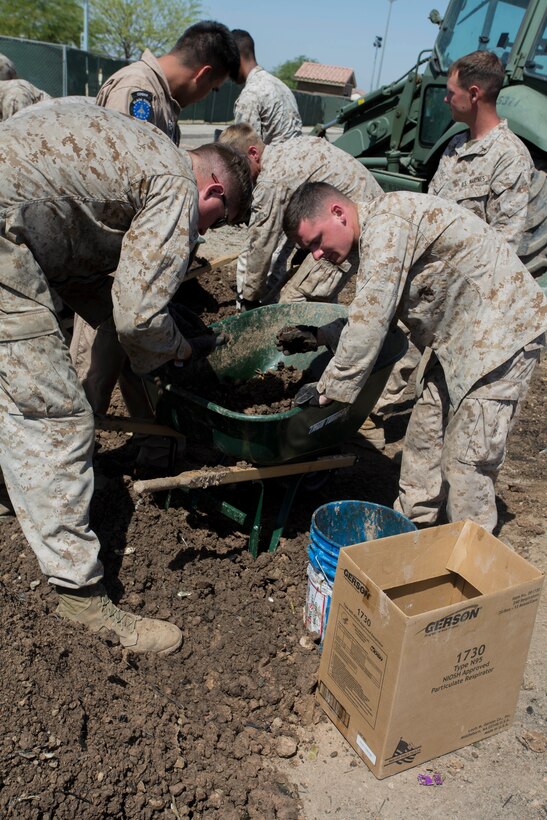 Marines from Marine Wing Support Squadron 371 and other elements of 3rd Marine Aircraft Wing from Marine Corps Air Station Yuma, Ariz., sift through the debris from the AV-8B Harrier II crash site to recover components of the aircraft during the cleanup process in Imperial, Calif., Monday. "We are working on minimizing the impact zone and combing through the area to recover pieces [of the aircraft] ... to be used for investigation," said Lt. Col. John Ferguson, the executive officer of Marine Aircraft Group 13, stationed at MCAS Yuma.