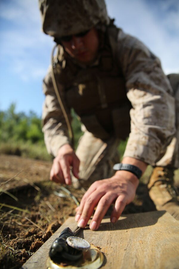 FORT POLK, La. – Lance Cpl. Miguel Sancho, an assualtman with 1st Battalion, 23rd Marine Regiment, and native of San Antonio, places an explosive charge onto a door knob during a demolition range here, June 3. Marines took part in numerous live-fire ranges, which culminated in a platoon-sized attack as a part of the unit’s annual training. The battalion’s assualtmen were responsible for breaching mock enemy obstacles and clearing the way for follow-on forces.  (Photo by Cpl. John M. McCall)